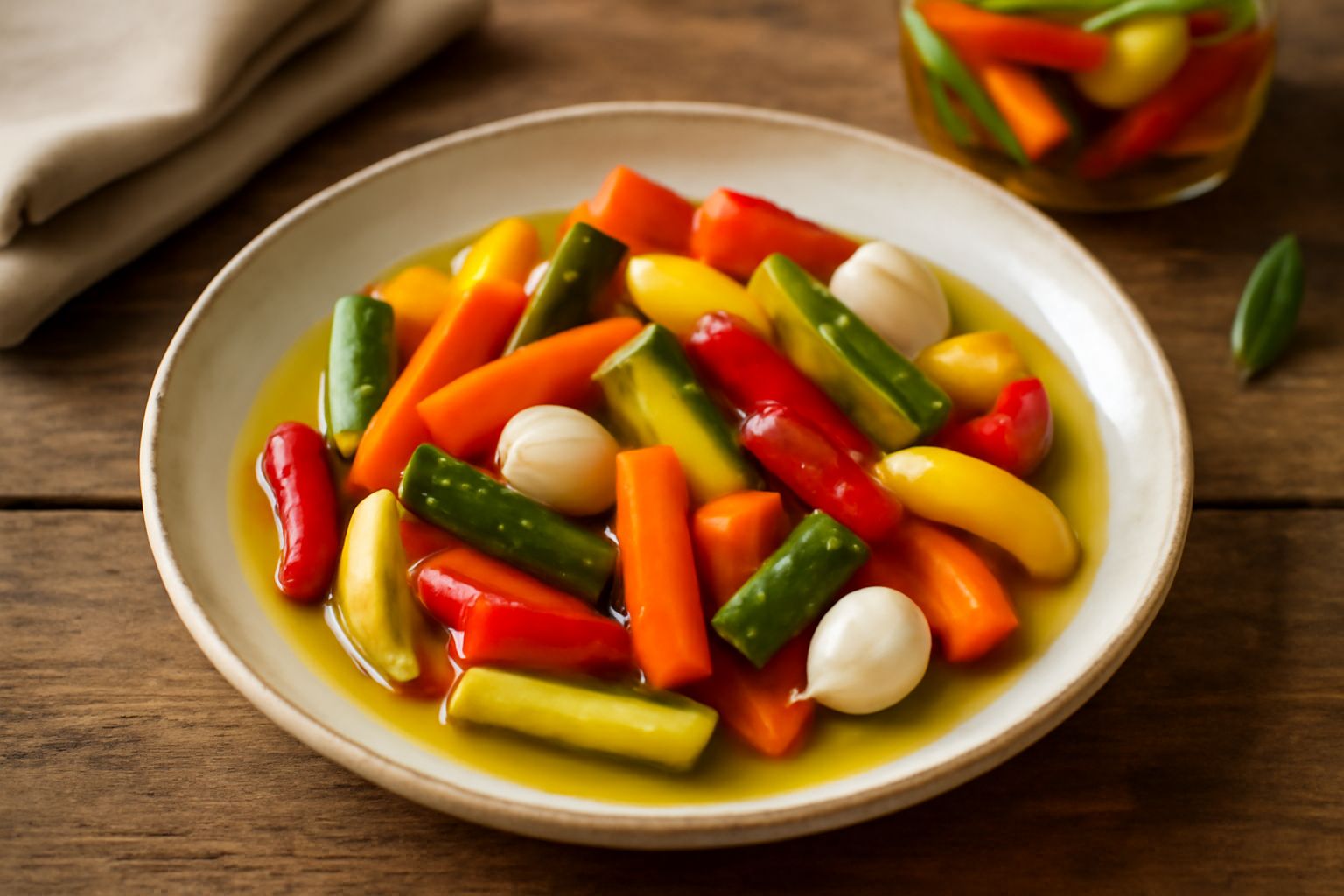 Vasetto di vetro con sottoli misti bresciani: zucchine tagliate a bastoncini, carote arancioni, peperoni rossi e gialli, cipollotti bianchi, rosmarino e peperoncino immersi in olio trasparente dorato,