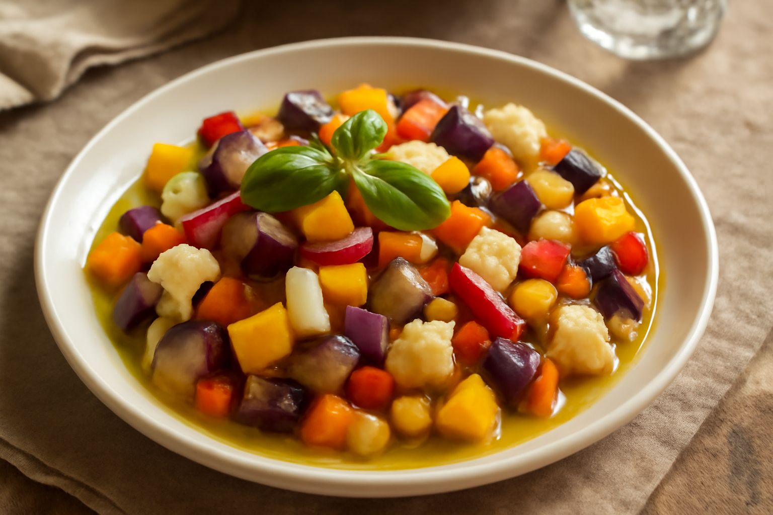 Vasetto di vetro trasparente con sottoli misti: melanzane viola a dadini, peperoni rossi e gialli, carote arancioni, cavolfiore bianco e spicchi d'aglio, il tutto immerso in olio dorato, con basilico 