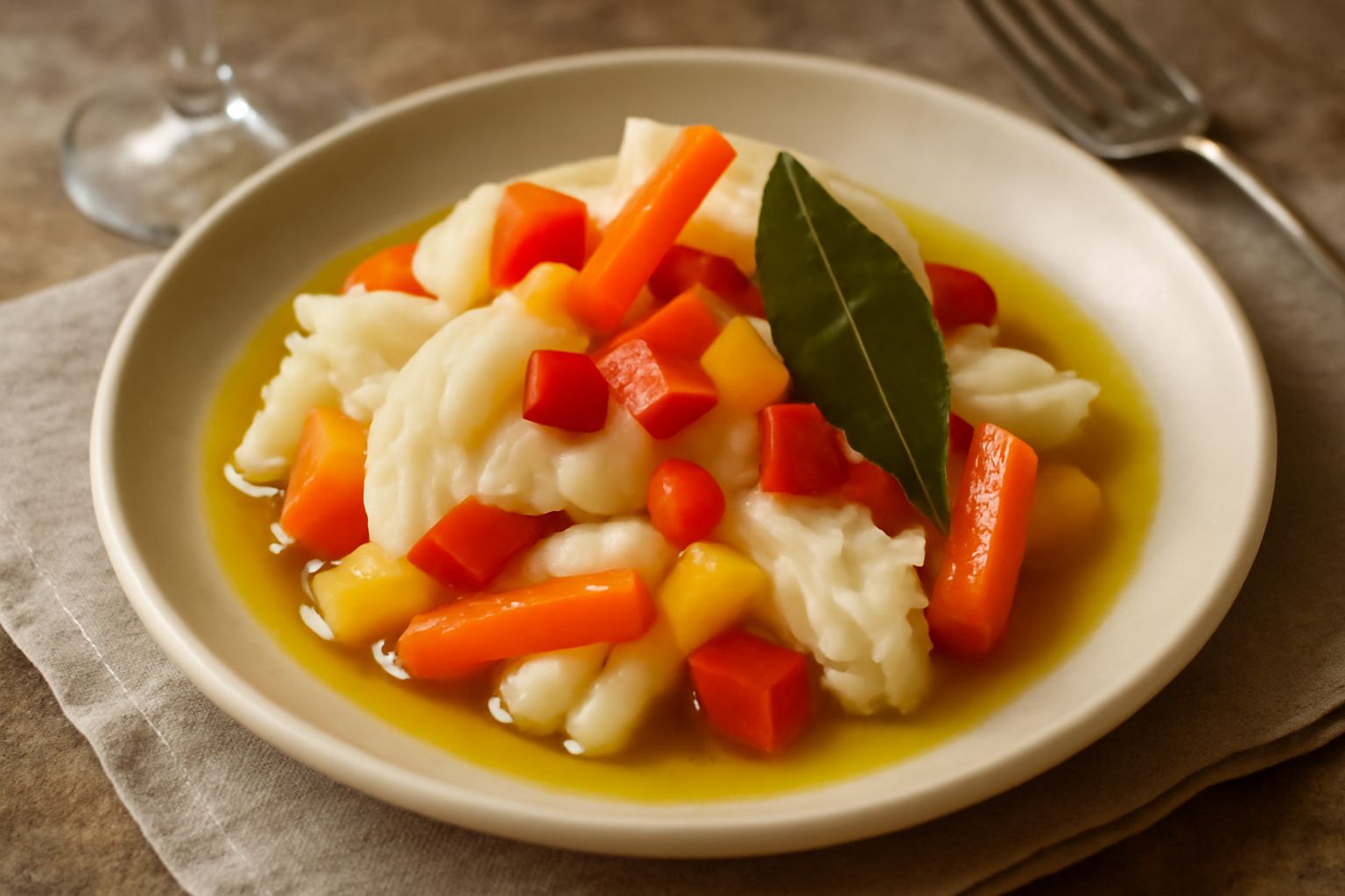 Barattolo di vetro trasparente con sottoli triestini: verdure miste di colori vivaci, cavolo bianco, carote arancioni, peperoni rossi e gialli immersi in olio chiaro, con foglie di alloro e spicchi d'