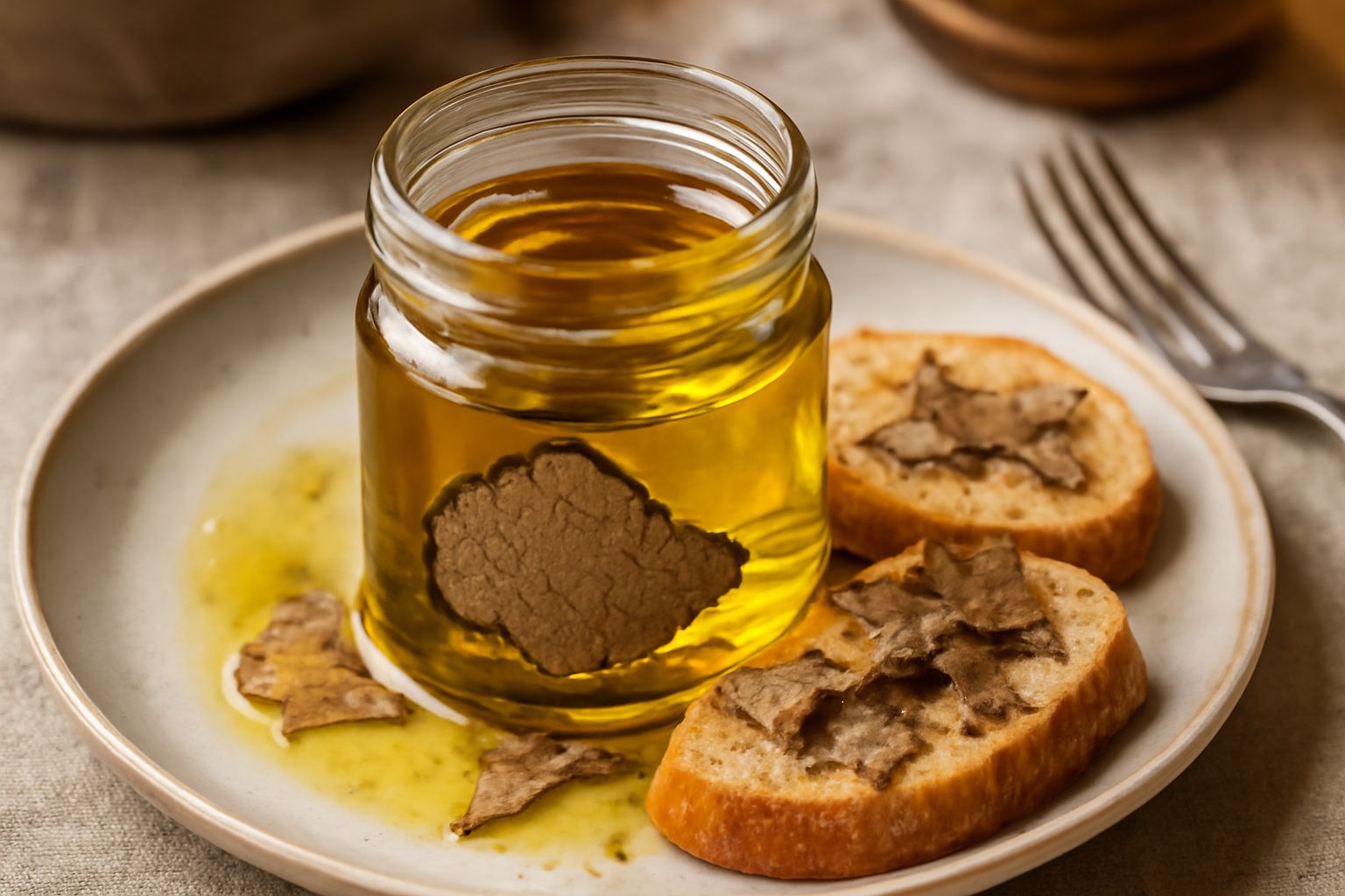 Vasetto di vetro con tartufo nero scuro immerso in olio extravergine trasparente color ambrato, etichetta beige, sfondo neutro con rami di rosmarino