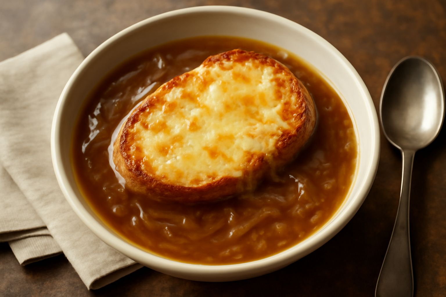 Ciotola di ceramica beige con zuppa di cipolle color ambra trasparente, pane tostato galleggiante, formaggio fuso dorato in superficie, vapore visibile, cucchiaio di metallo appoggiato al bordo