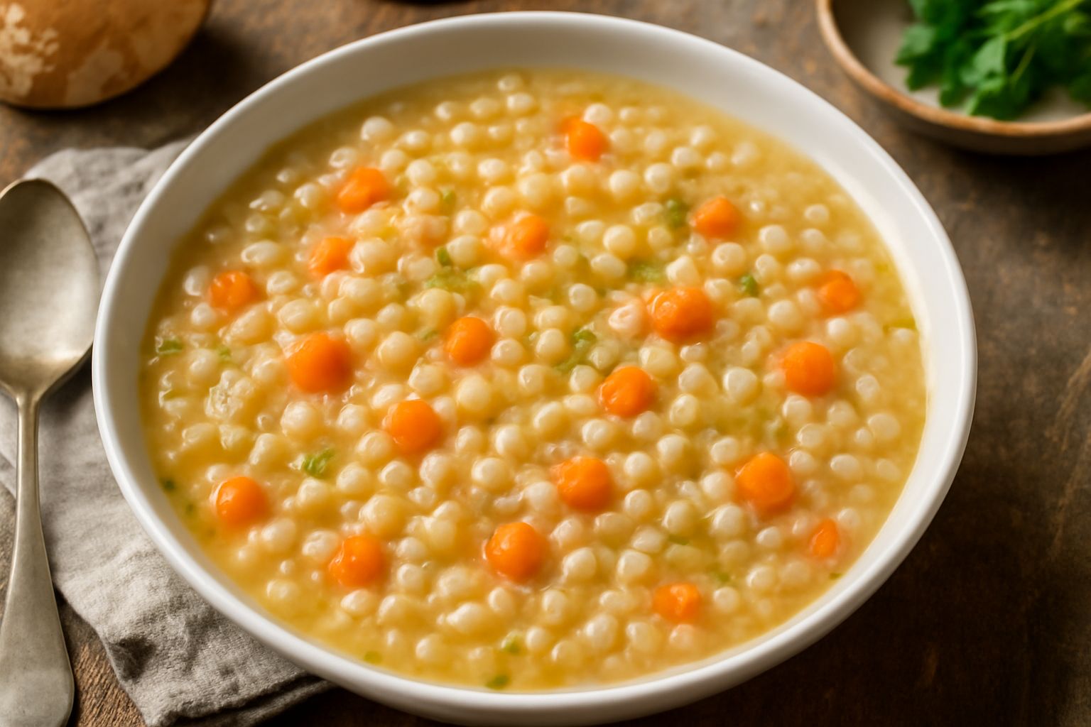 Zuppa d'orzo fumante servita in una ciotola bianca, con chicchi di orzo dorati visibili, verdure tagliate in piccoli dadini, superficie lucida con gocce di brodo trasparente, contorno di prezzemolo fr
