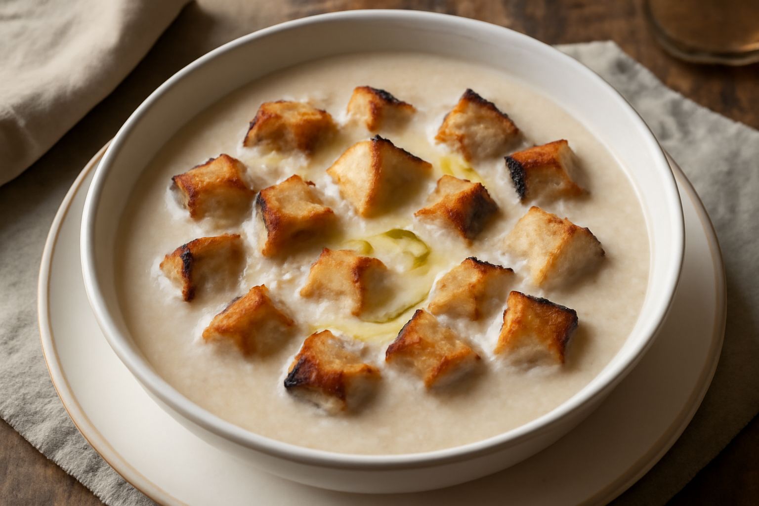 Ciotola bianca con zuppa cremosa beige, pezzi di pane dorato in superficie, filo di burro che si scioglie, cucchiaio in ceramica, tavolo legno naturale con tovaglia grigia