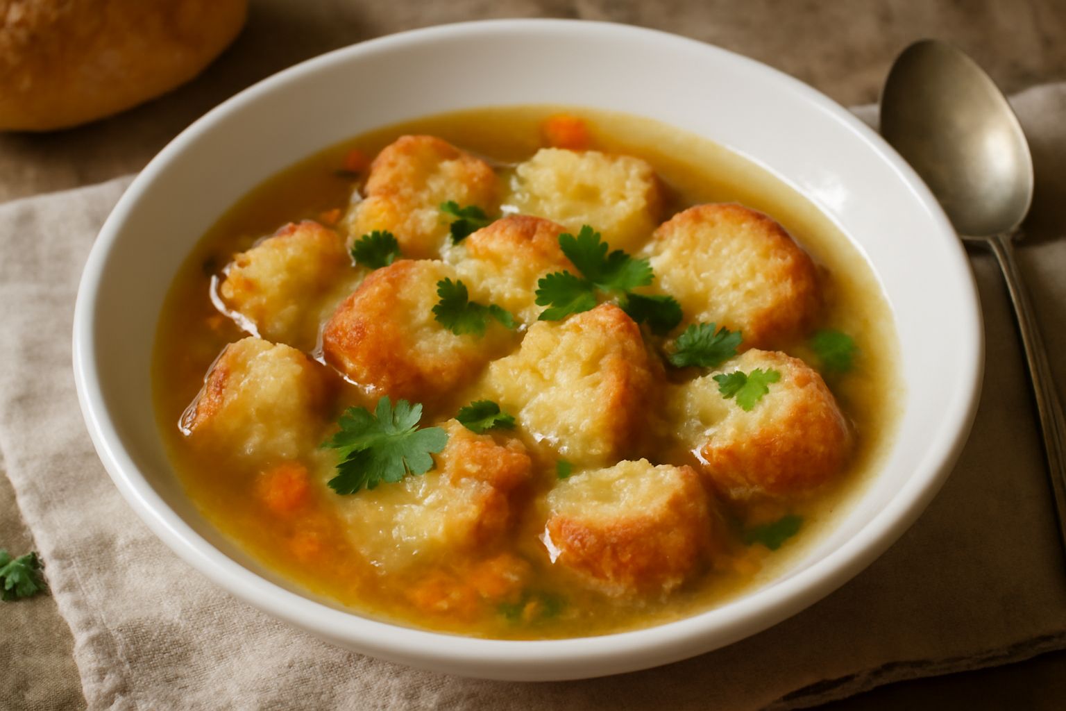 Zuppa di pane in una ciotola bianca con pane tostato galleggiante, verdure morbide, brodo trasparente, filo d'olio verde e prezzemolo fresco sopra, servita su piatto grigio
