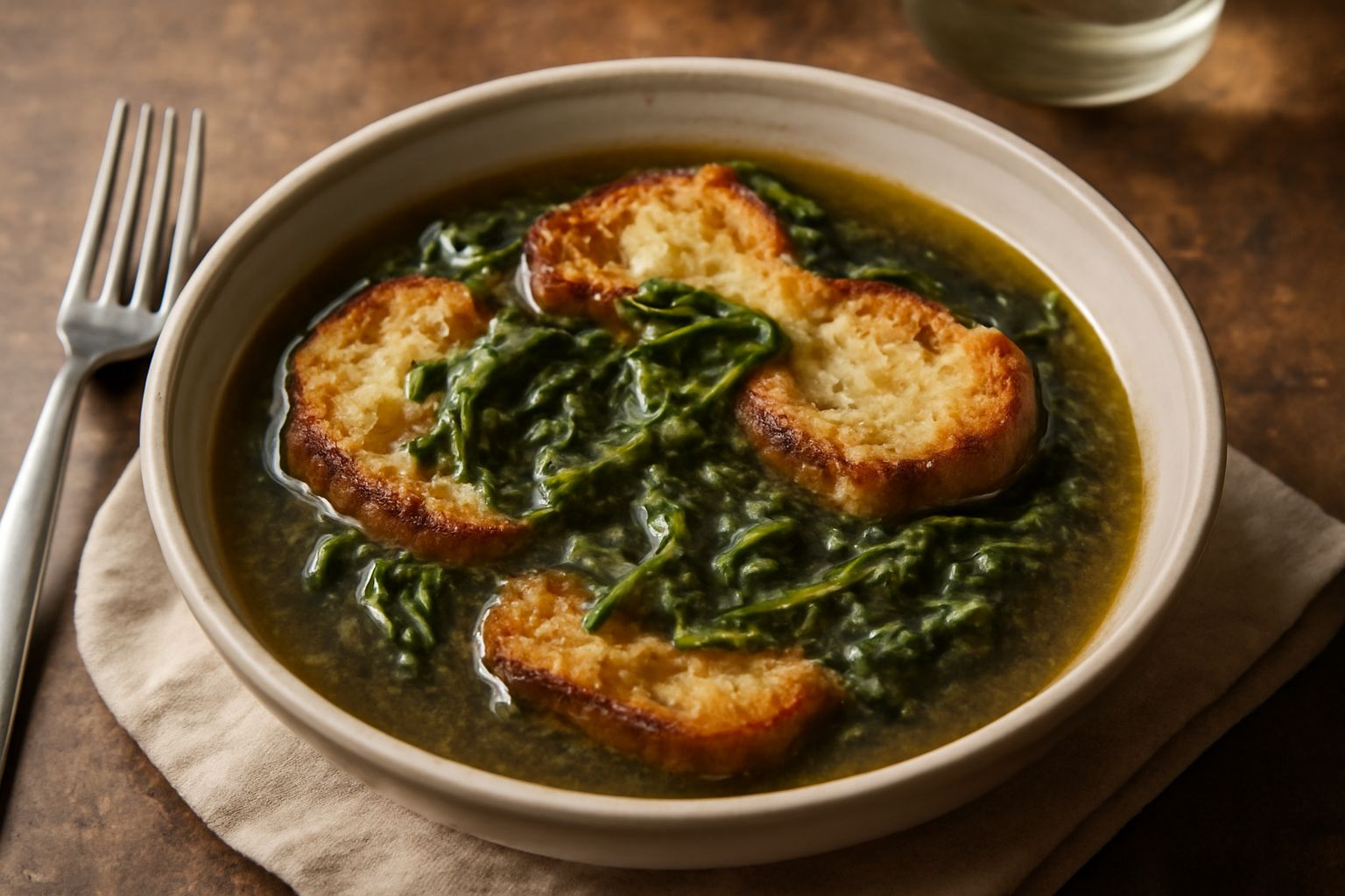Zuppa di cicoria e pane in una ciotola di ceramica bianca. Il brodo scuro ricopre pezzi di pane tostato dorato, foglie di cicoria verde scuro leggermente appassite, qualche goccia d'olio giallo sulla 