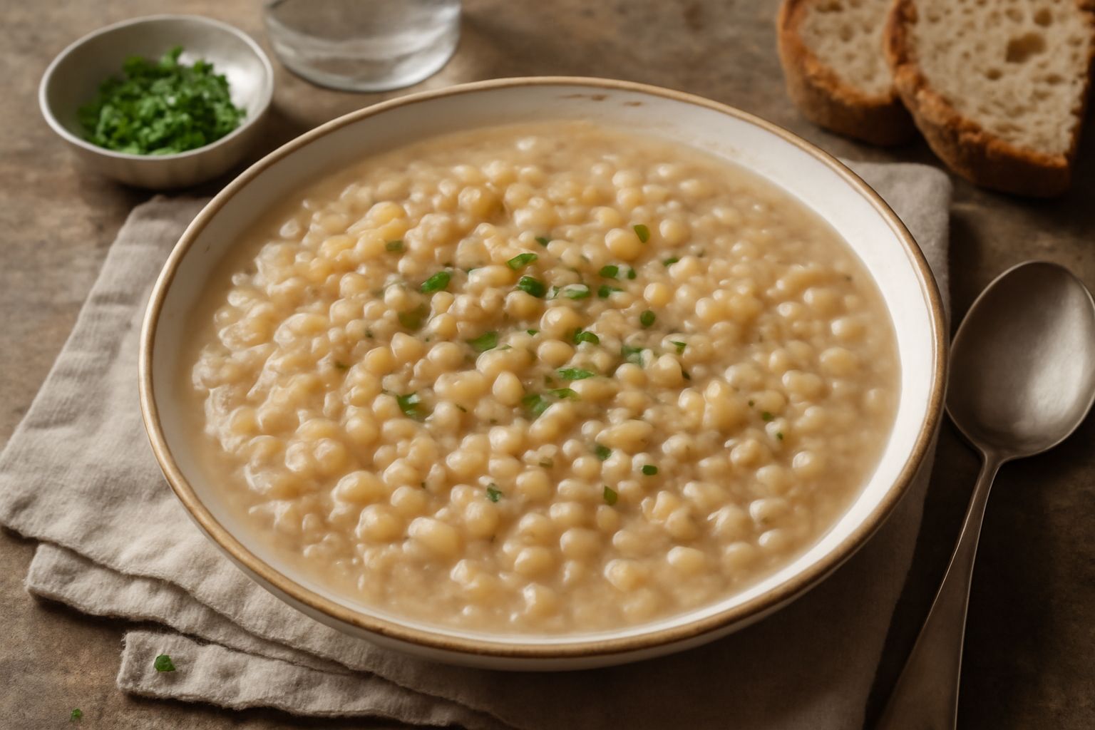 Zuppa cremosa in ciotola bianca con orzo giallastro visibile, pezzi di patata morbidi, brodo trasparente, guarnita con prezzemolo fresco verde scuro e una spruzzata di olio oliva