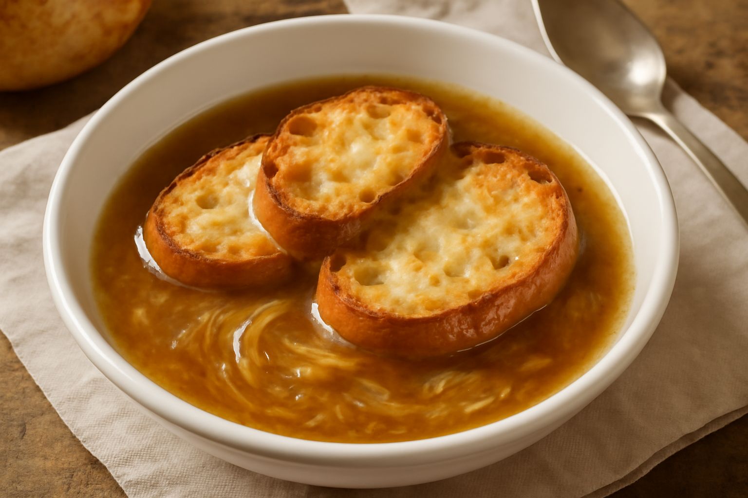 Ciotola di ceramica bianca con zuppa di cipolla, brodo trasparente ambrato, fette di pane tostato galleggianti, cipolla caramellata dorata visibile in fondo, gratinata con formaggio fuso leggermente c