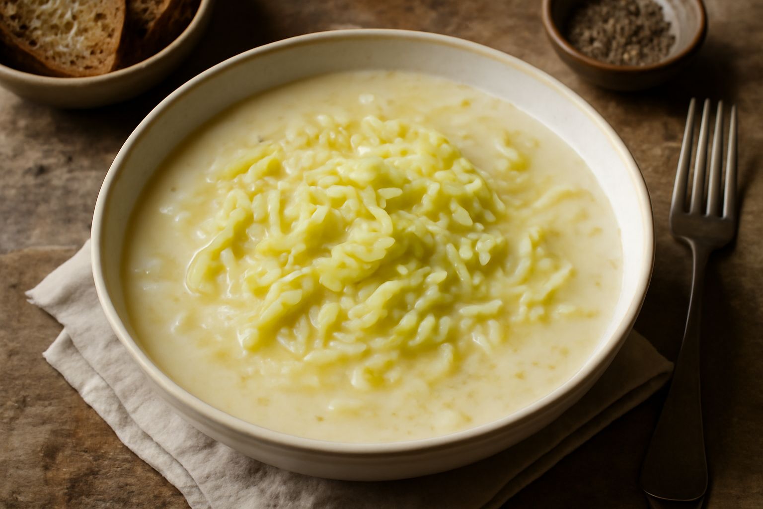 Una ciotola di zuppa di cavolo con fette di cavolo bianco tenero in un brodo trasparente, guarnita con prezzemolo verde fresco, su un tavolo di legno chiaro