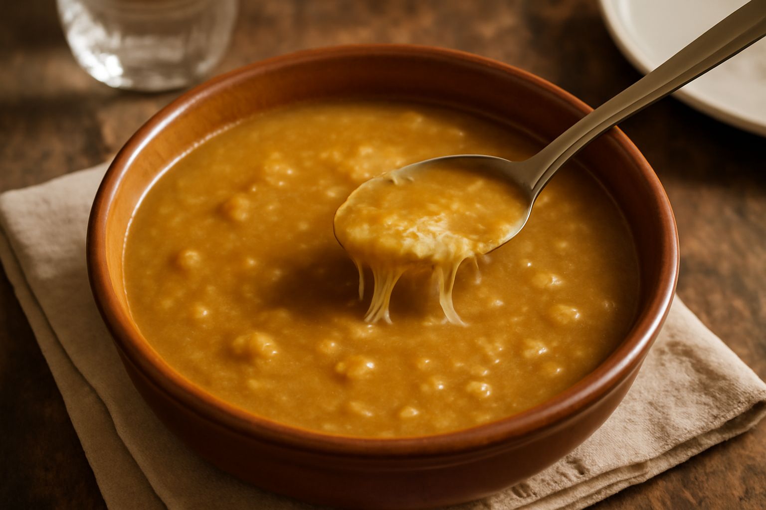 Ciotola di terracotta piena di zuppa cremosa color nocciola con filamenti di formaggio giallo che si allungano dal cucchiaio, guarnita con pepe nero e prezzemolo fresco