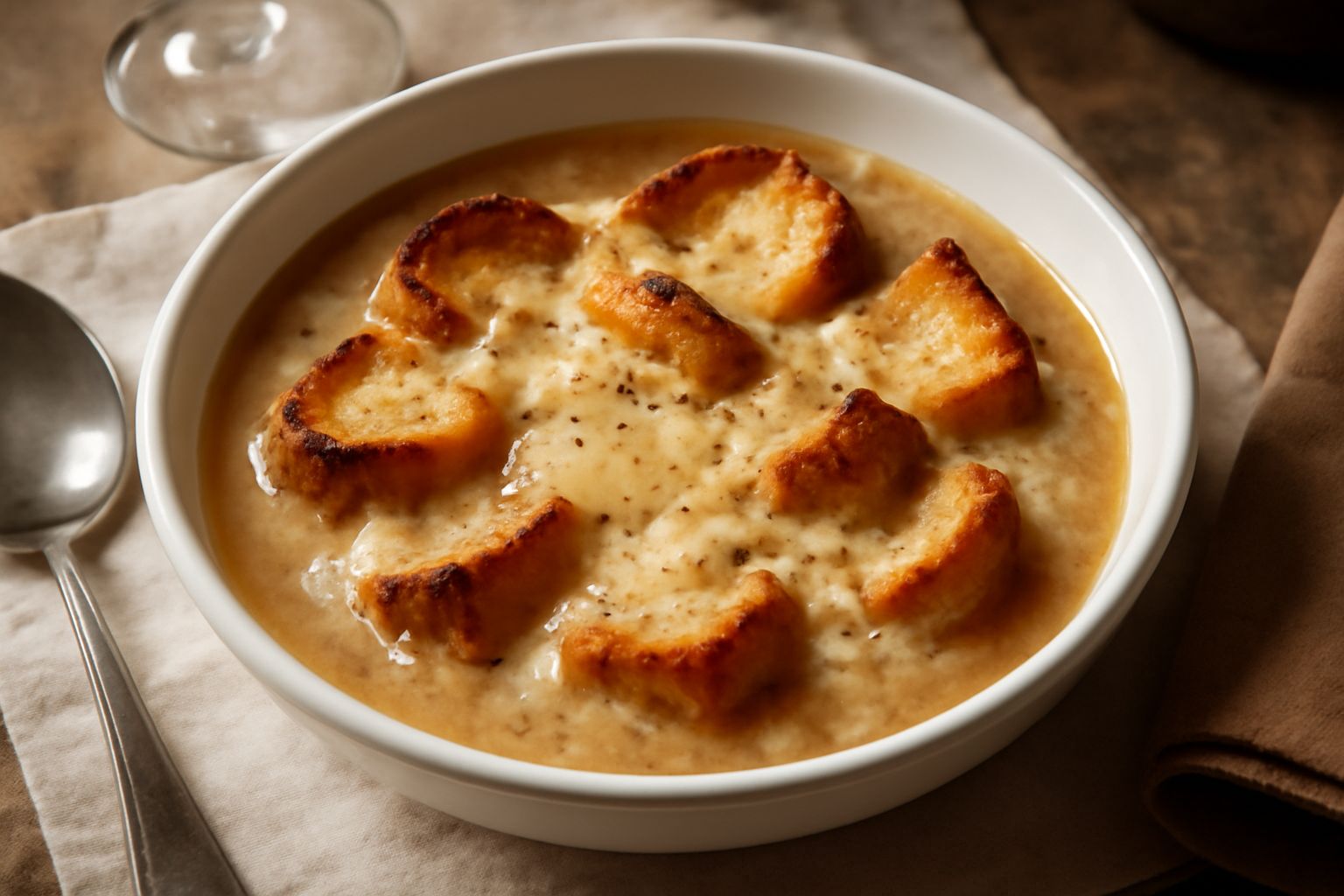 Una ciotola di ceramica bianca con soupa cremosa color nocciola, pezzi di pane tostato dorato galleggianti in superficie, formaggio filante visibile, spolverata di pepe nero in cima