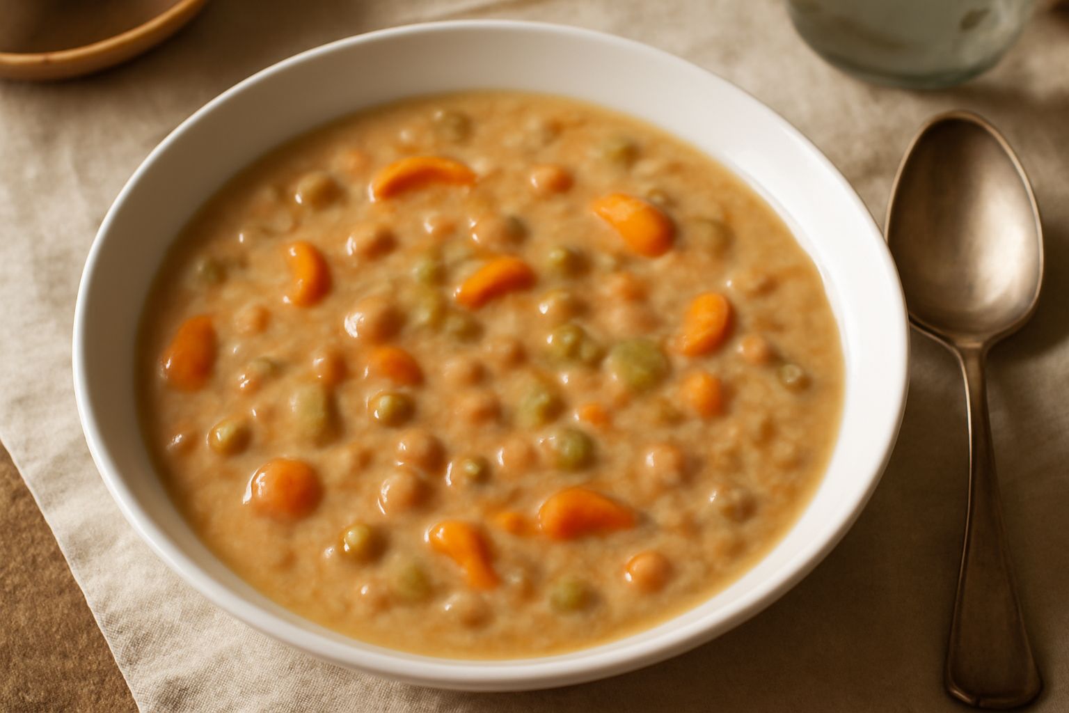 Una ciotola di ceramica bianca contiene zuppa color beige e marrone, con verdure visibili in brodo cremoso, guarnita con prezzemolo verde e un filo d'olio, posata su un tovagliolo di lino beige