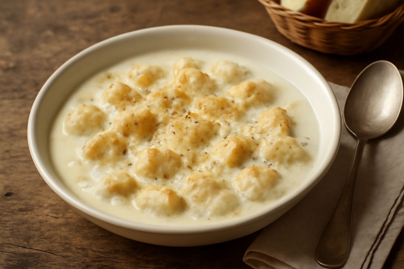 Ciotola di ceramica bianca con soupa de latte fumante, pezzi di pane dorati e fondente, con formaggio grattugiato in superficie e pepe nero, cucchiaio di legno appoggiato al bordo