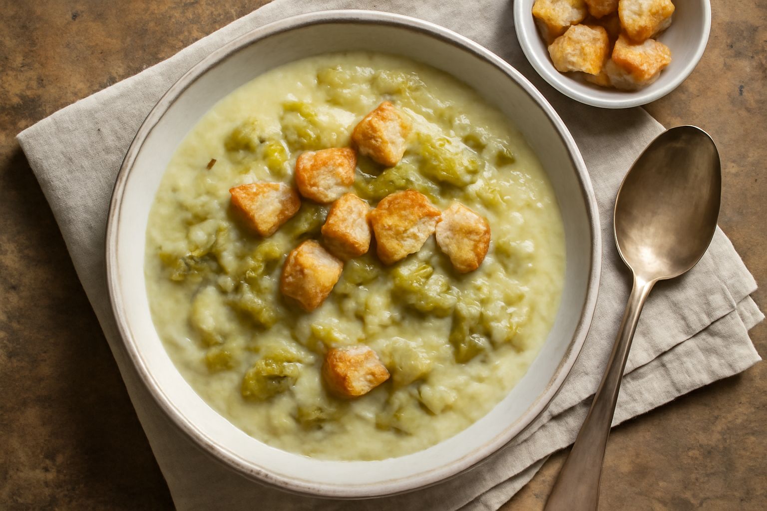 Ciotola di terracotta con soupa de rapa: zuppa densa color bianco crema con pezzi di carciofo tenero, fette di pane caramellato e gocce di olio d'oliva in superficie, contorno di prezzemolo fresco