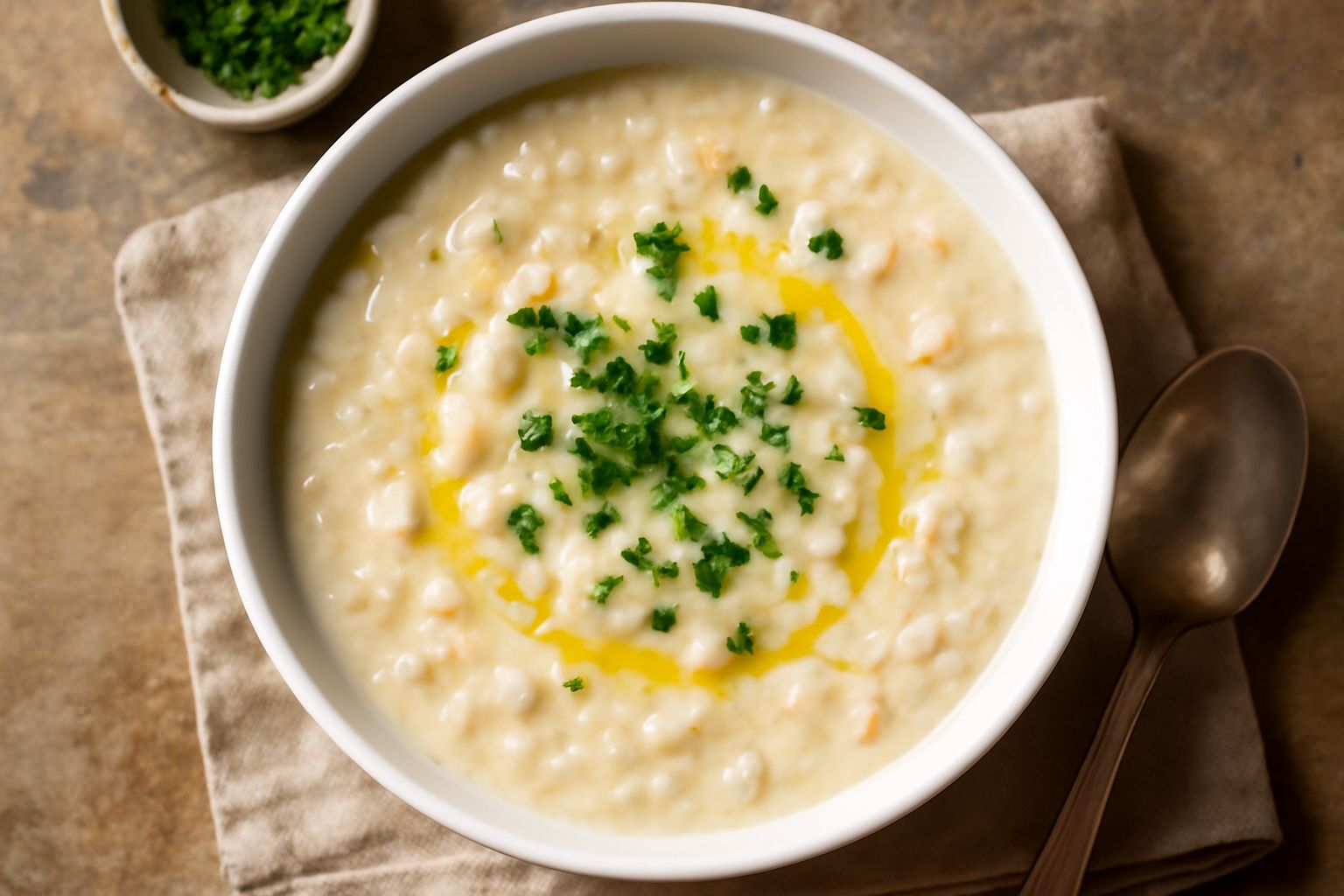 Ciotola di ceramica bianca con soupa d'orzo cremosa, orzo visibile in superficie, brodo dorato, guarnita con prezzemolo fresco tritato e un filo di olio d'oliva