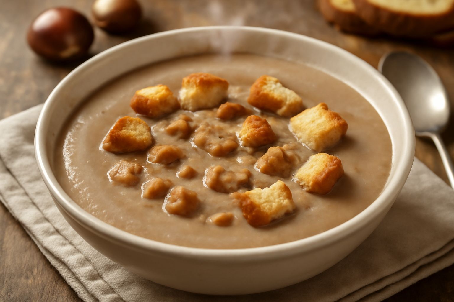 Una ciotola bianca con zuppa di castagne cremosa color nocciola, castagne intere e mezze in superficie, vapore, cucchiaio di legno, contorno di foglie secche autunnali su tavolo di legno scuro