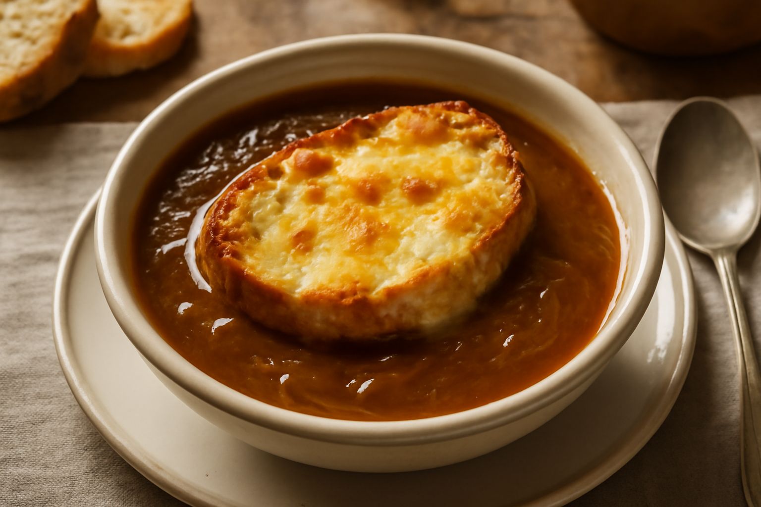 Zuppa di cipolle in ciotola bianca, superficie dorata con crosta di pane tostato e formaggio filante, vapore che sale, cipolle trasparenti in brodo ambrato profondo