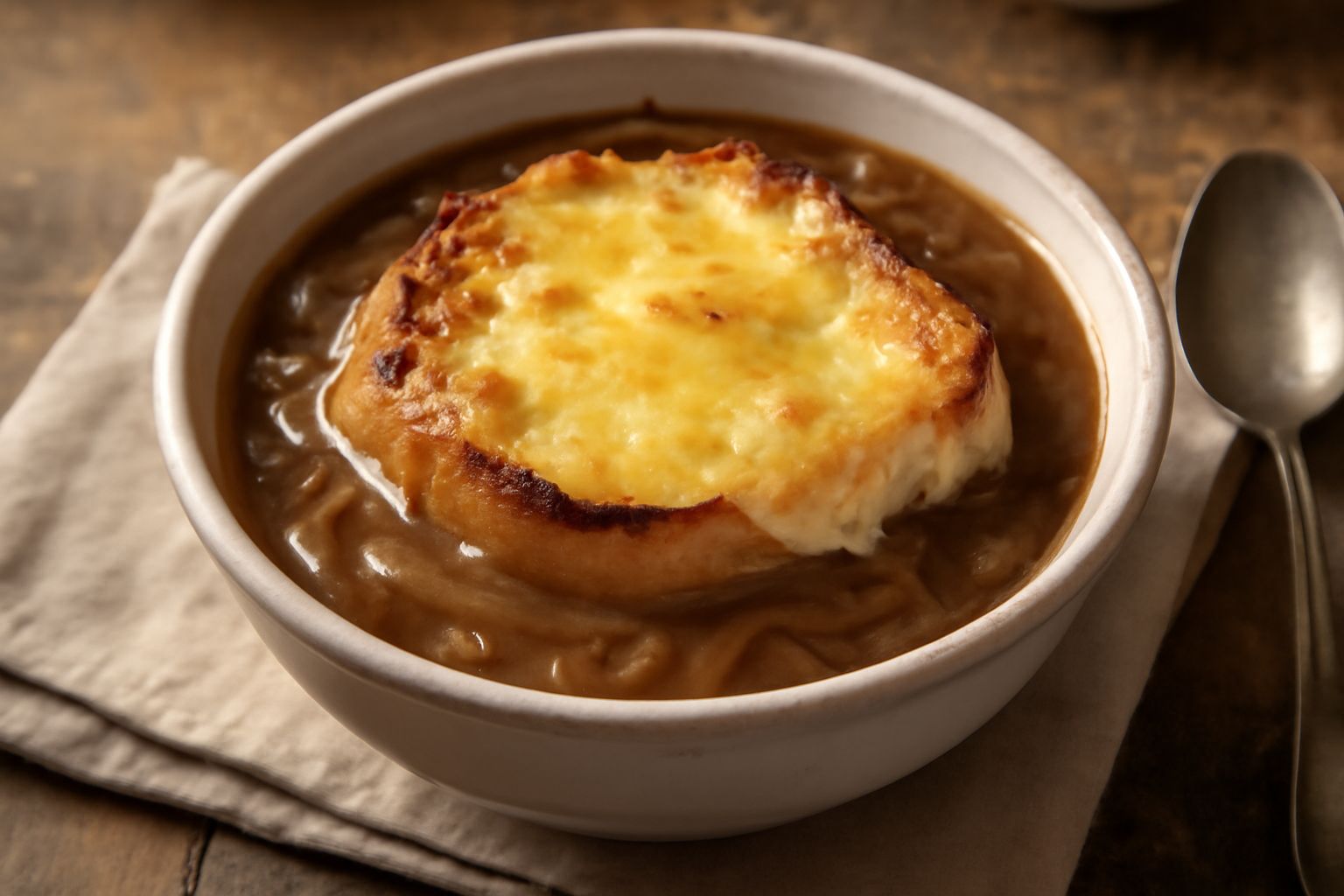 Ciotola di ceramica grigia con zuppa di cipolle caramellate di colore marrone scuro, coperta di pane dorato croccante e formaggio giallo fuso che si stringhe, vapore visibile, in uno stile classico fr