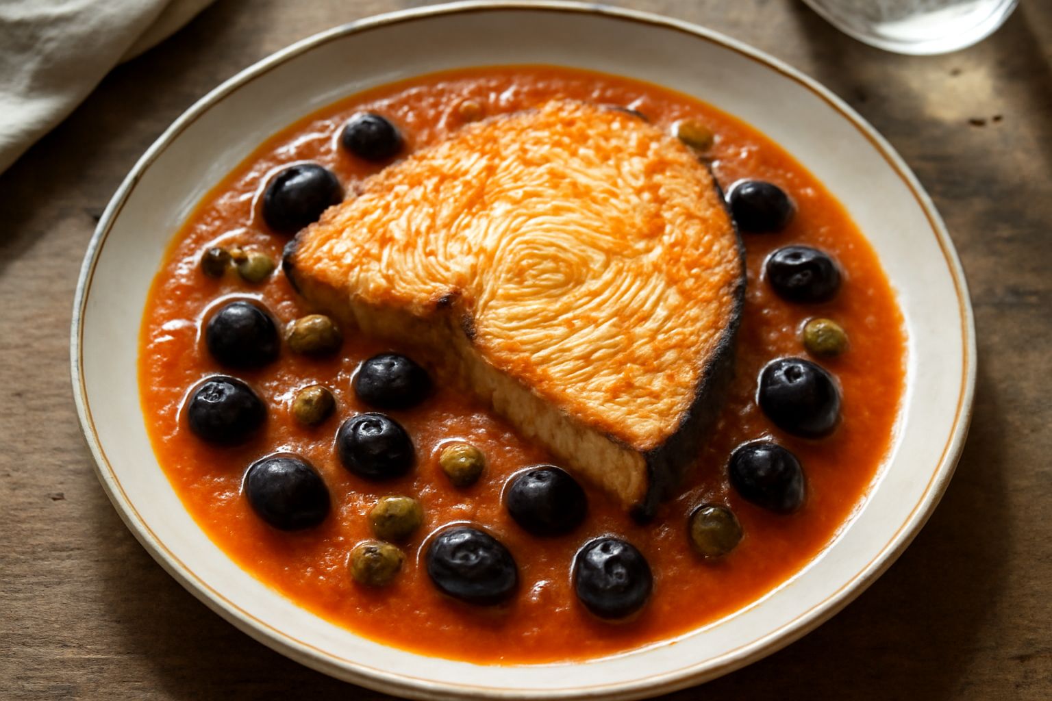 Trancio di pesce spada tenero in salsa di pomodoro con olive nere e capperi, cotto in pentola di terracotta, servito in piatto bianco con prezzemolo fresco