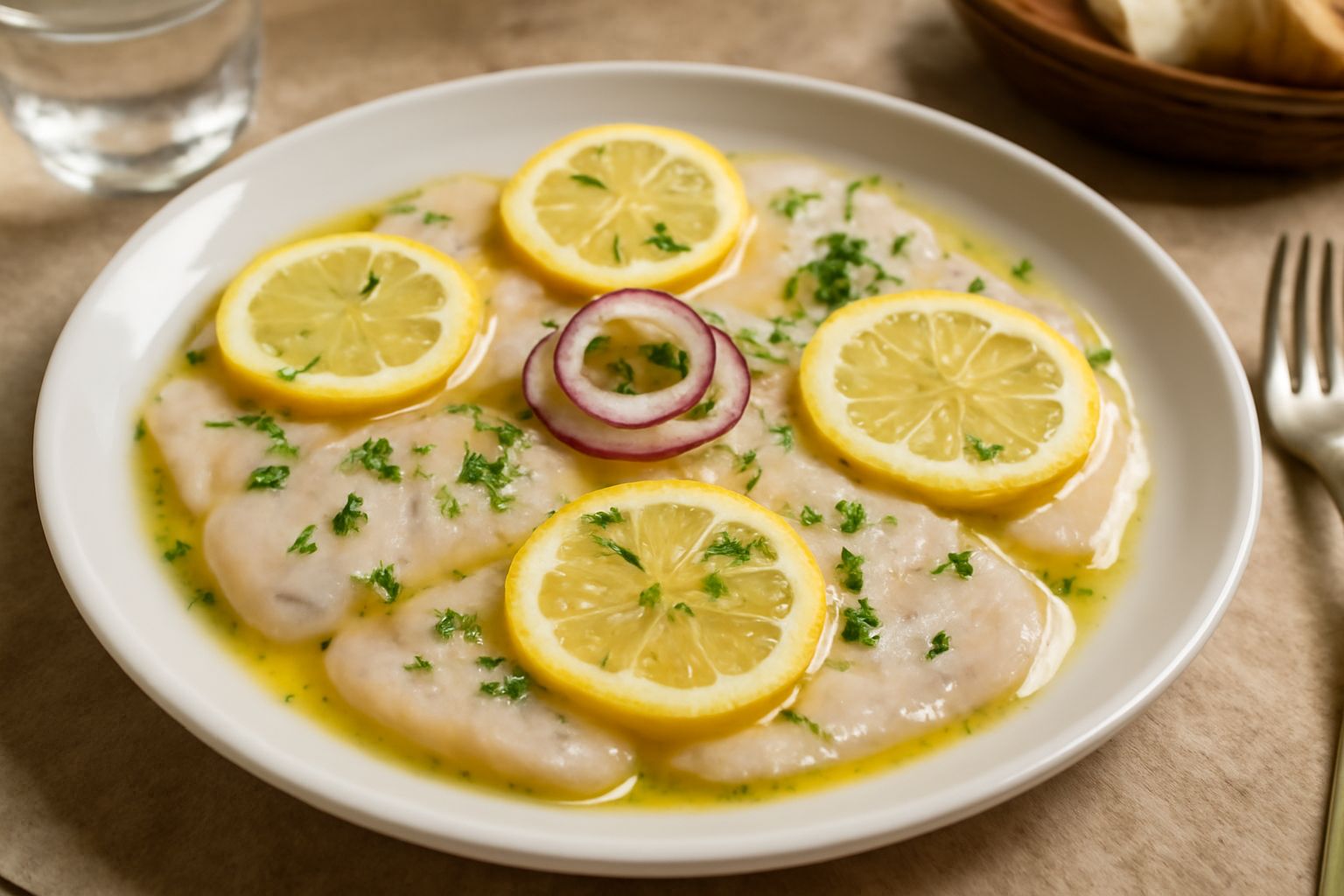 Filetti di pesce spada bianco e rosato disposti su un piatto bianco, ricoperti di olio d'oliva lucido, fette di limone giallo e erbe aromatiche fresche, con sfumature dorate dalla marinatura