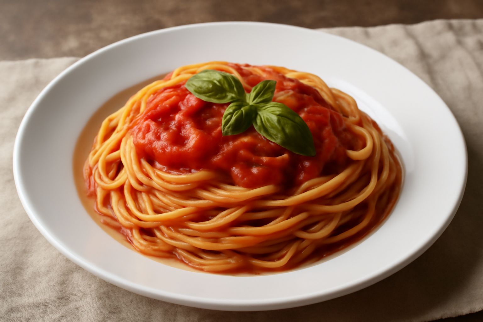 Piatto di spaghetti bianchi e rossi, conditi con sugo di pomodoro denso, basilico fresco verde su un fondo bianco, olio che brilla sulla superficie