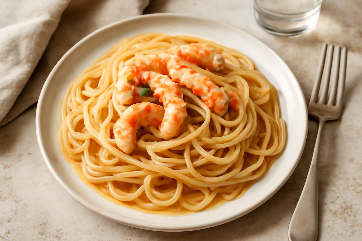 Spaghetti appena scolati in bianco cremoso con scampi rosati e lucidi distesi sopra, fili di pasta intrecciati, guarnizione di prezzemolo fresco verde e una spruzzata di olio dorato, piatto bianco, sf