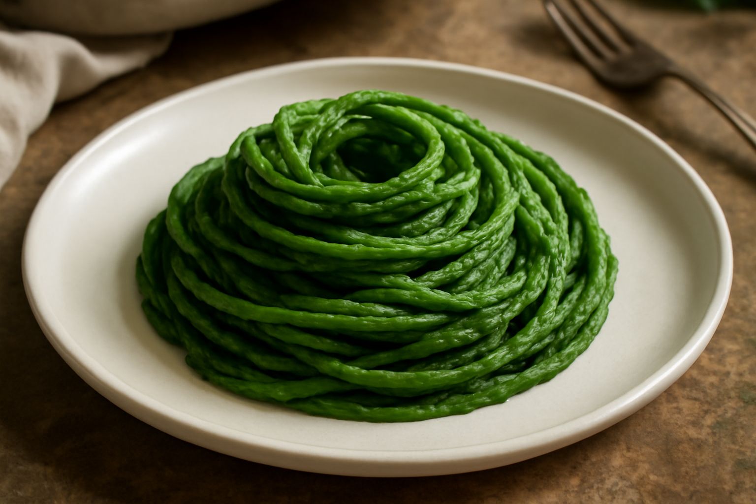 Spaghetti verdi scuro serviti in un piatto bianco con filo di olio extravergine, foglia di parmigiano grattugiato e leggera spolverata di pepe nero, accanto un mazzetto di spinaci freschi