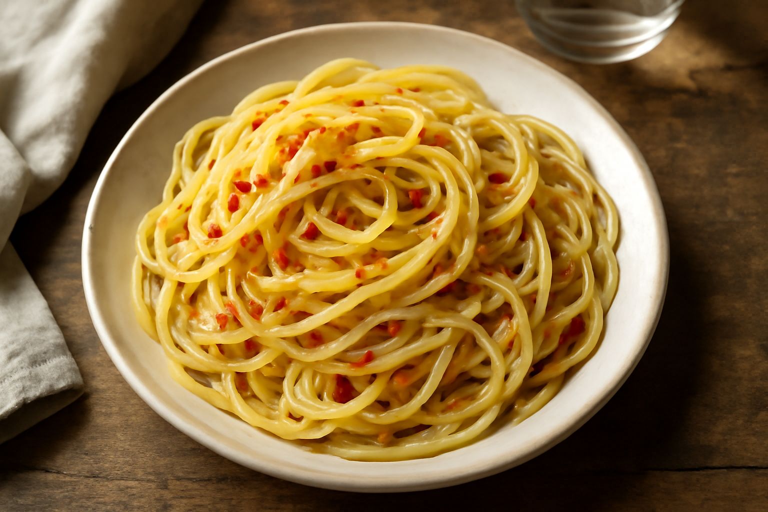 Un piatto di pasta bianca con spaghetti appena conditi, gocciole d'olio lucido tra i fili, scaglie rosse di peperoncino visibili e aglio dorato sparso uniformemente sulla superficie