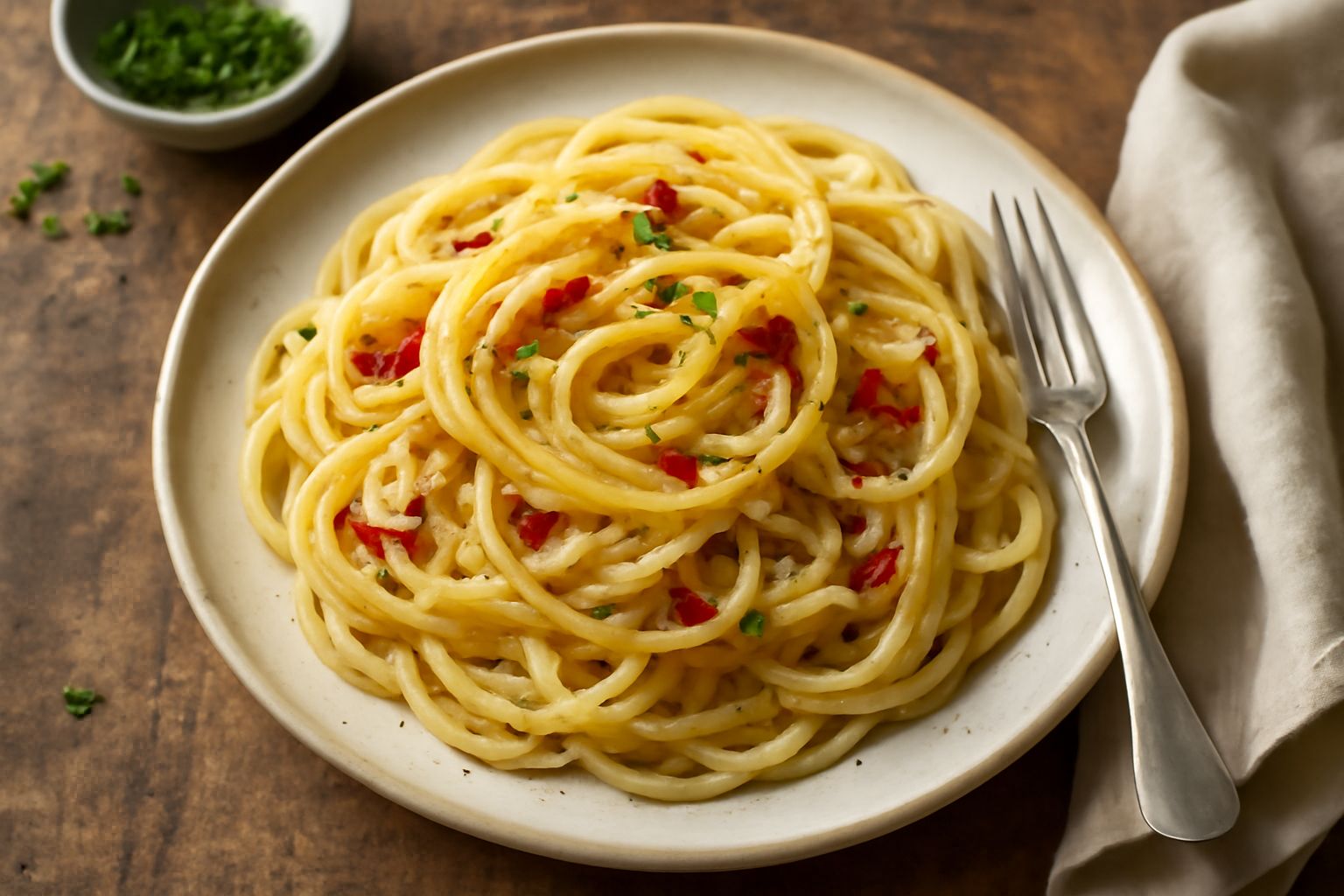 Spicchi di aglio tagliati sottili in una padella di acciaio con olio dorato, vapore leggero, fiamma moderata sotto la padella