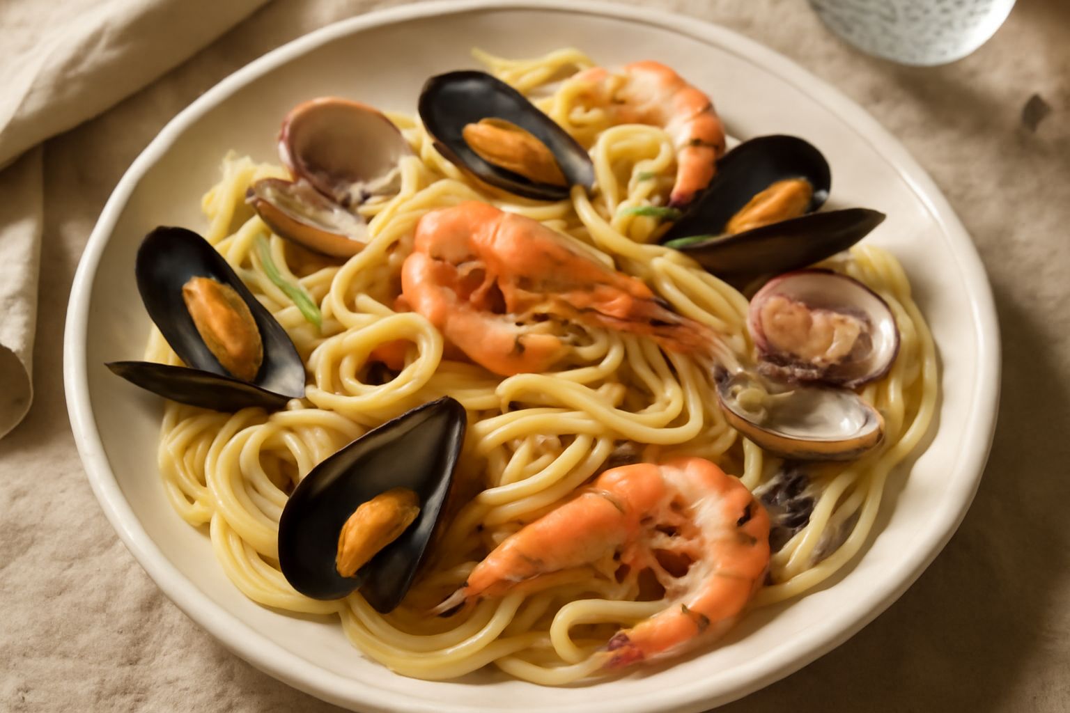 Piatto di spaghetti bianchi intrecciati con vongole aperte, cozze nere, gamberi rosa e anelli di calamaro, olio lucido, prezzemolo verde sulla pasta, servito in piatto fondo bianco