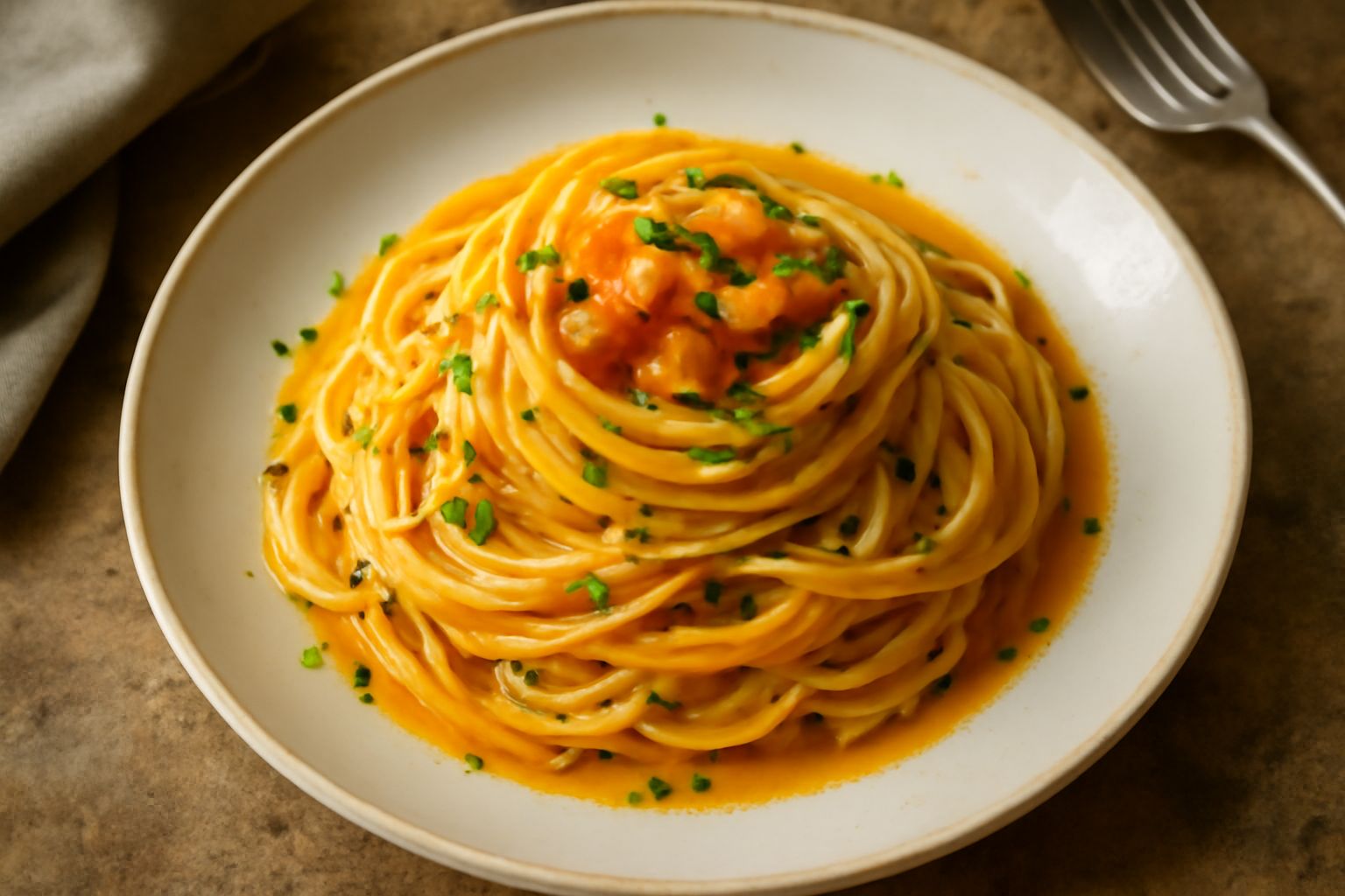 Piatto di spaghetti bianchi e dorati conditi con ricci di mare arancioni, gocce d'olio verde oliva, prezzemolo fresco tritato, serviti in un piatto fondo di ceramica bianca con uno spicchio di limone 