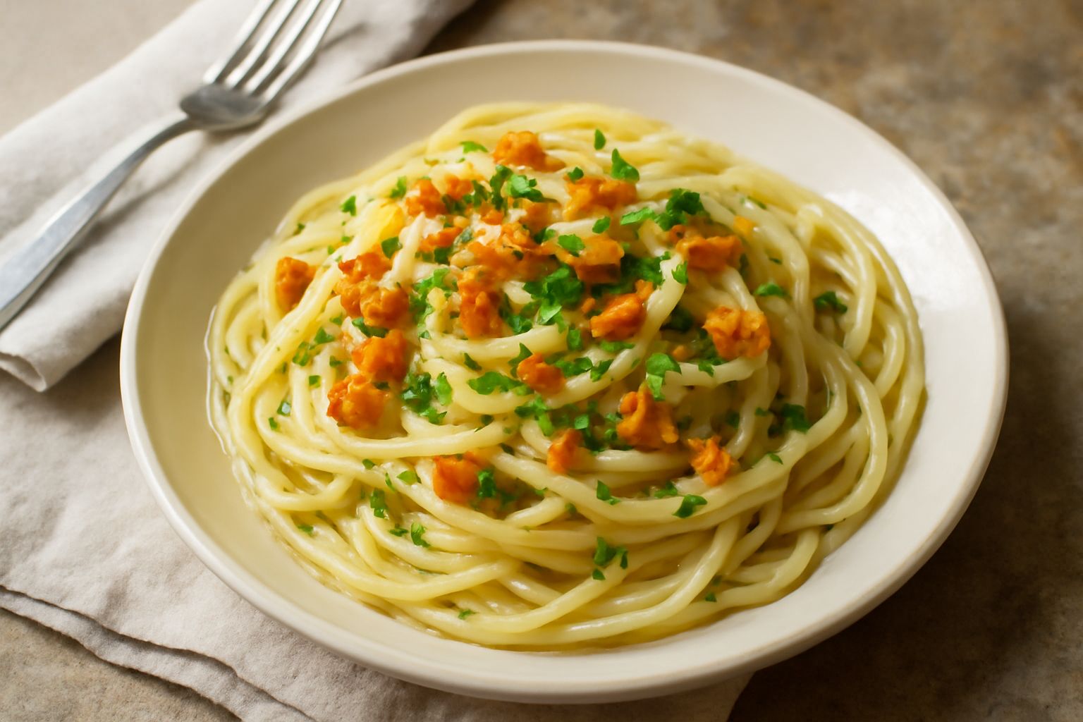 Piatto di spaghetti bianchi e cremosi conditi con ricci di mare, guarnito con prezzemolo fresco verde, in ciotola di ceramica bianca, con gocce d'olio d'oliva visibili sulla pasta