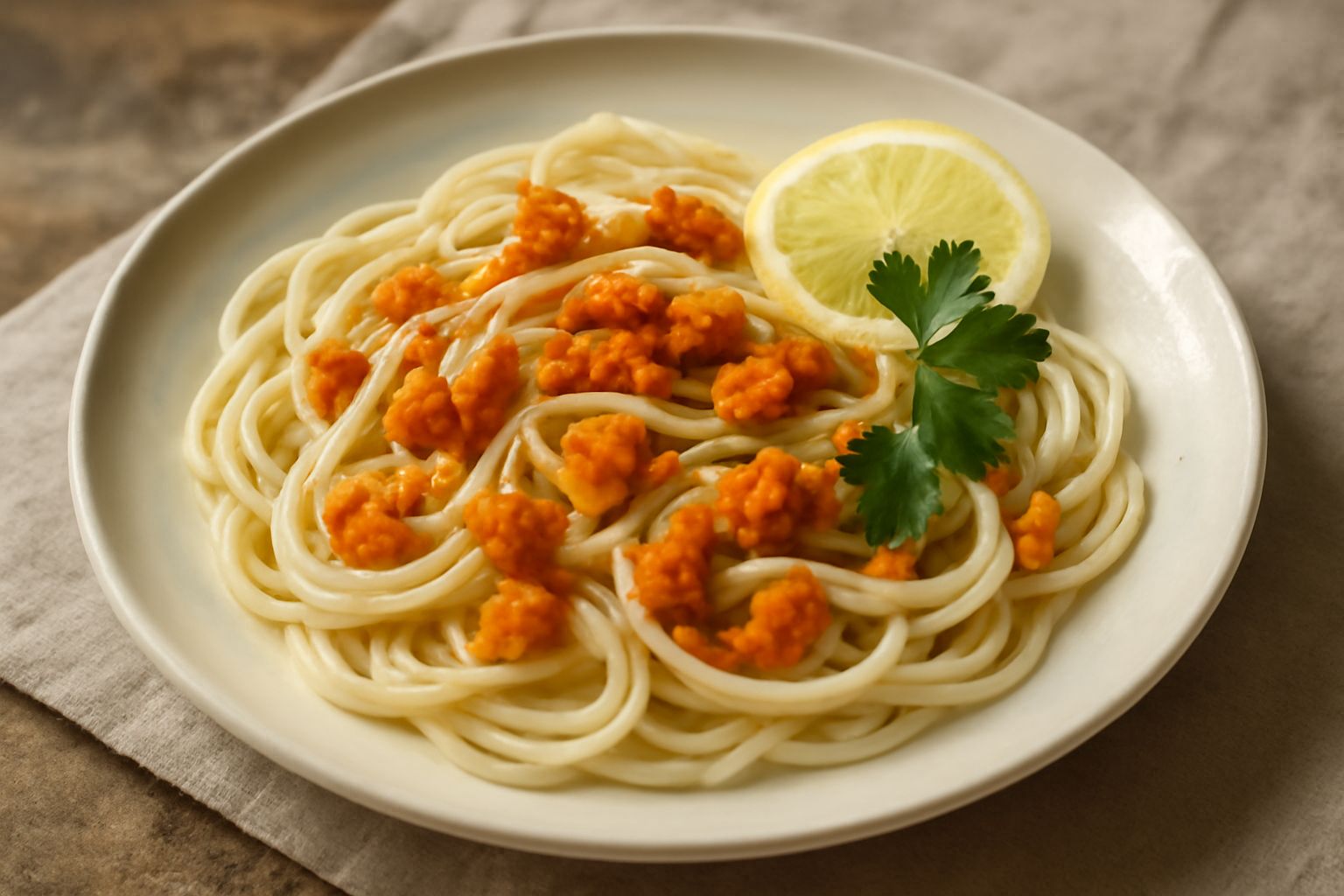 Piatto di spaghetti ai ricci di mare serviti freddi: pasta color panna coperta di ricci arancioni, gocce di olio d'oliva lucido, fetta di limone giallo sul bordo, foglia di prezzemolo verde, tavola di