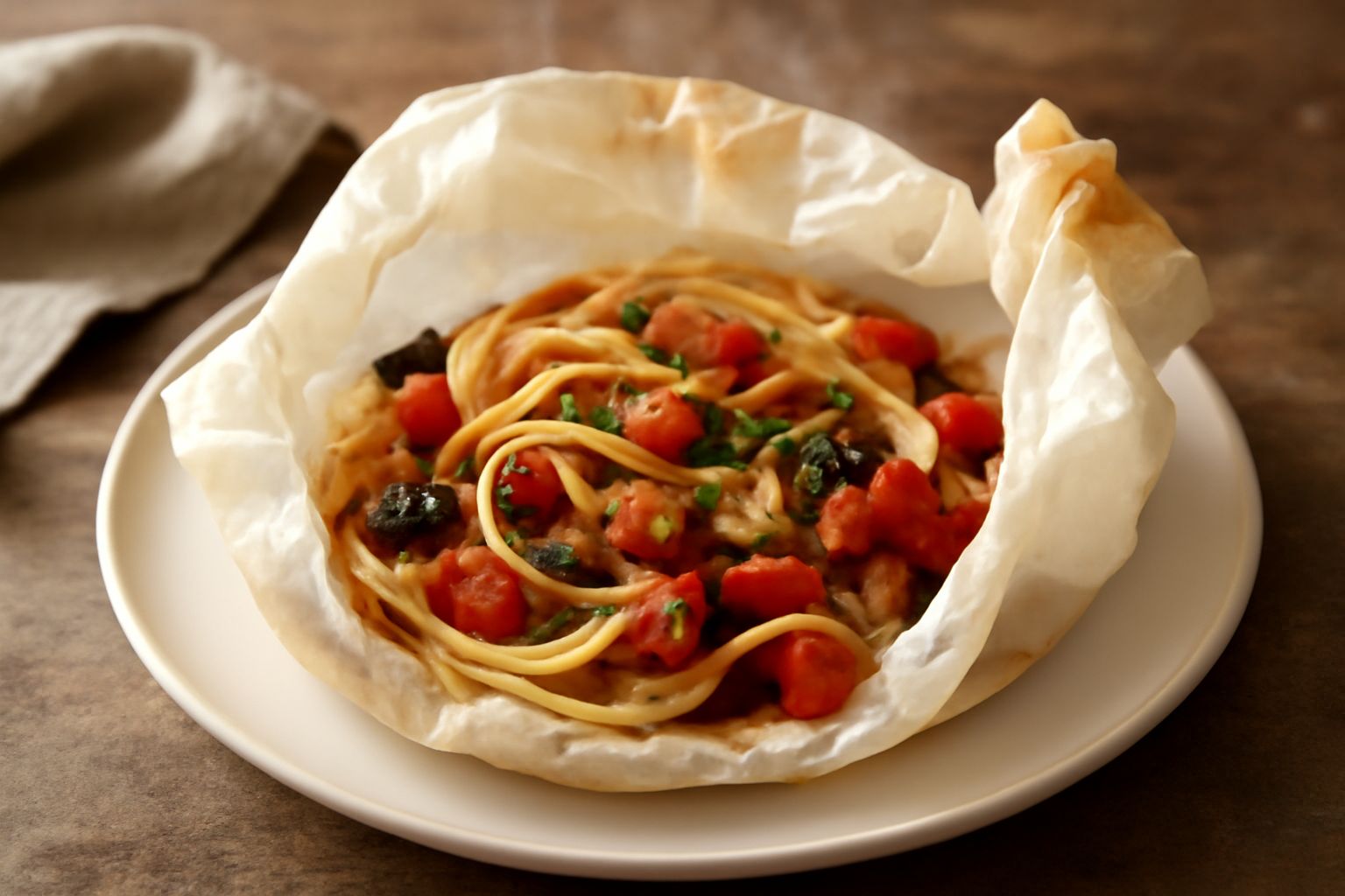 Spaghetti al cartoccio appena sfornati, la carta da forno parzialmente aperta rivela la pasta bianca e gialla con verdure e olio brillante, vapore ancora visibile, porzionato in carta individuale su p