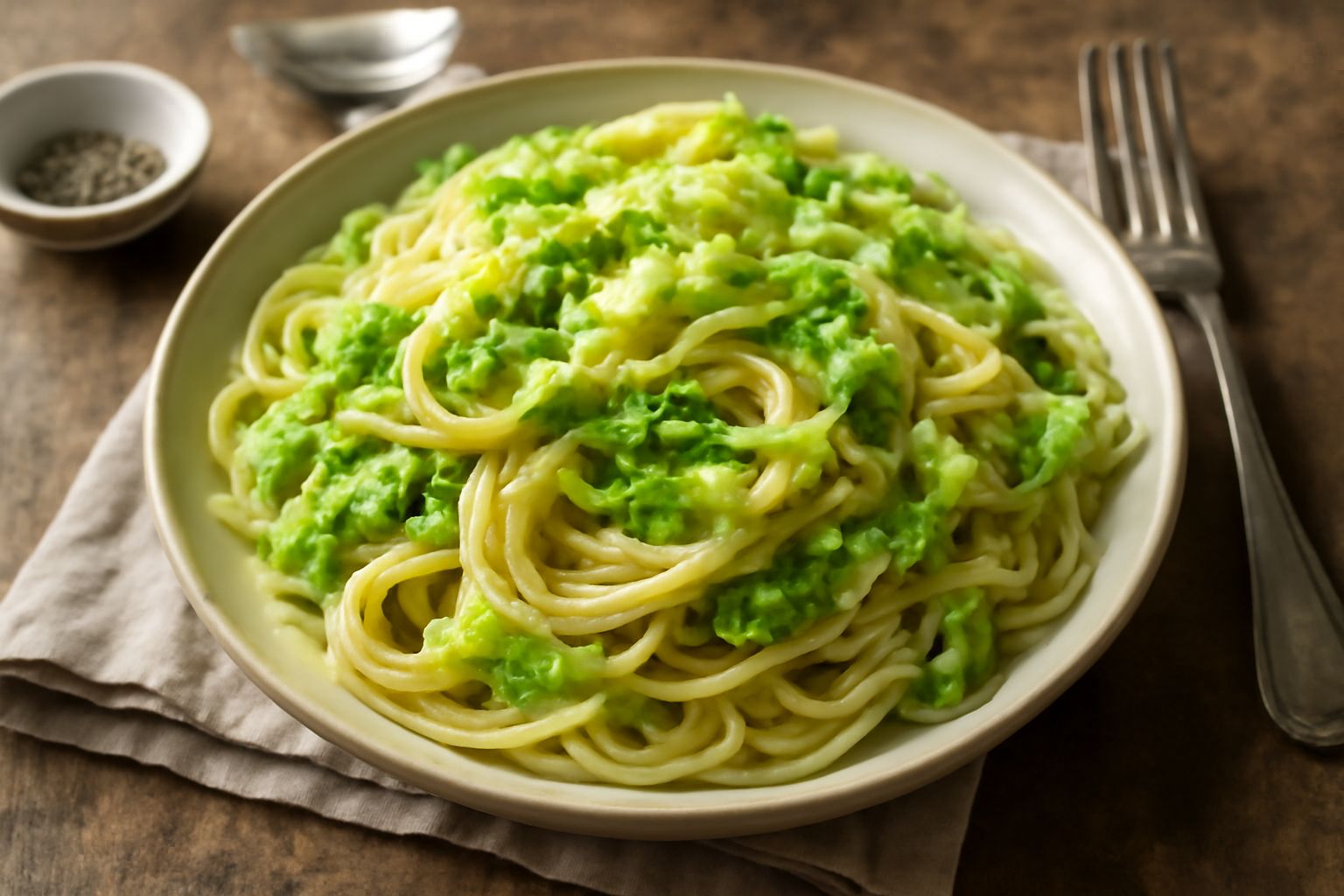 Piatto di spaghetti con cavolo verza tagliato sottile, colore verde chiaro e bianco naturale, condimento di olio leggero e aglio, servito in piatto fondo di ceramica bianca.
