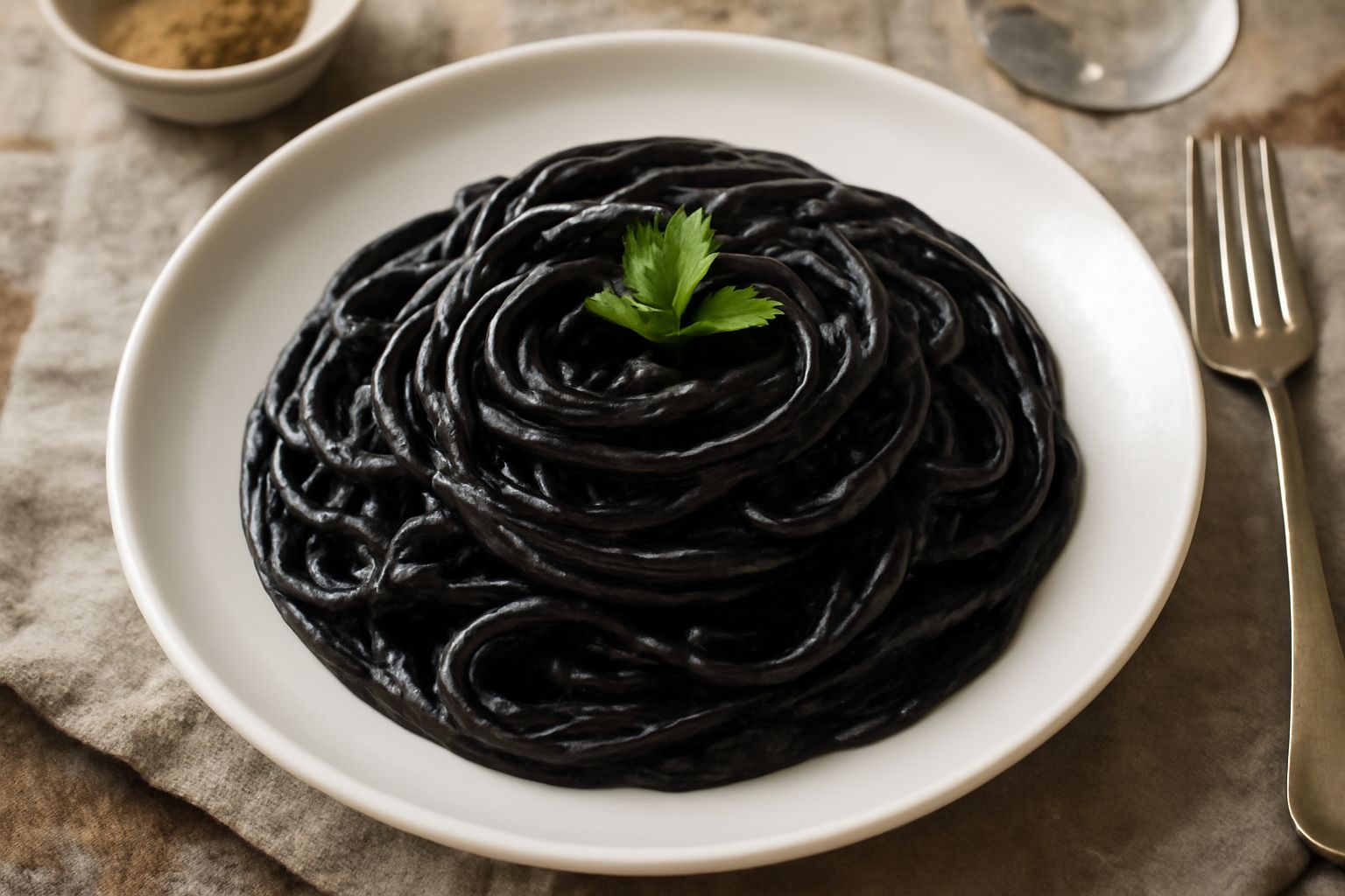 Spaghetti nero intenso in una ciotola bianca, mantecati con salsa cremosa, guarniti con una seppia in trasparenza e gocce di olio verde in superficie