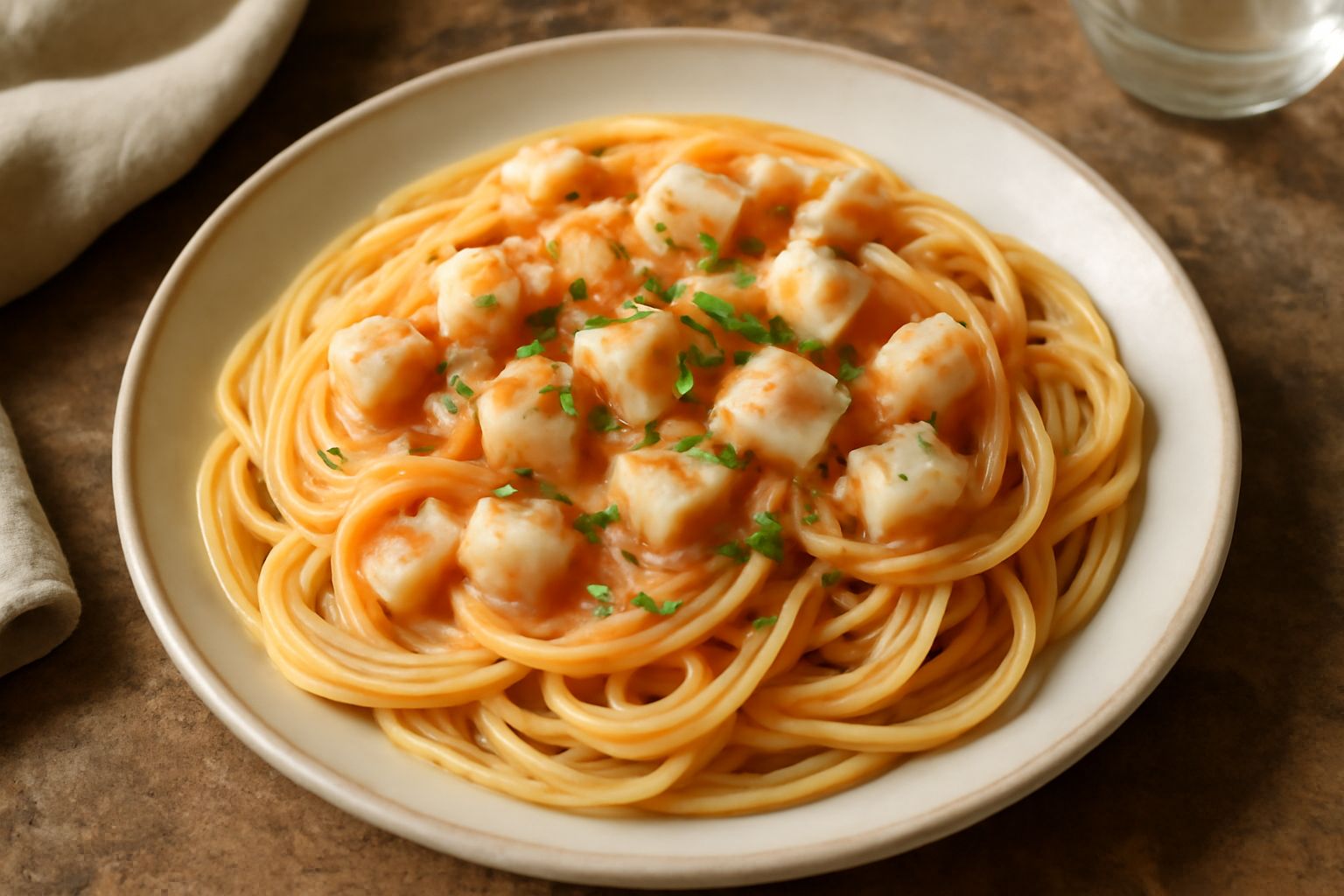 Un piatto di spaghetti al pesce spada impiattato con cura: pasta bianca e ondulata ricoperta da dadini di pesce spada traslucido, salsa rosata di pomodori, una sottile striscia di scorza di limone gia