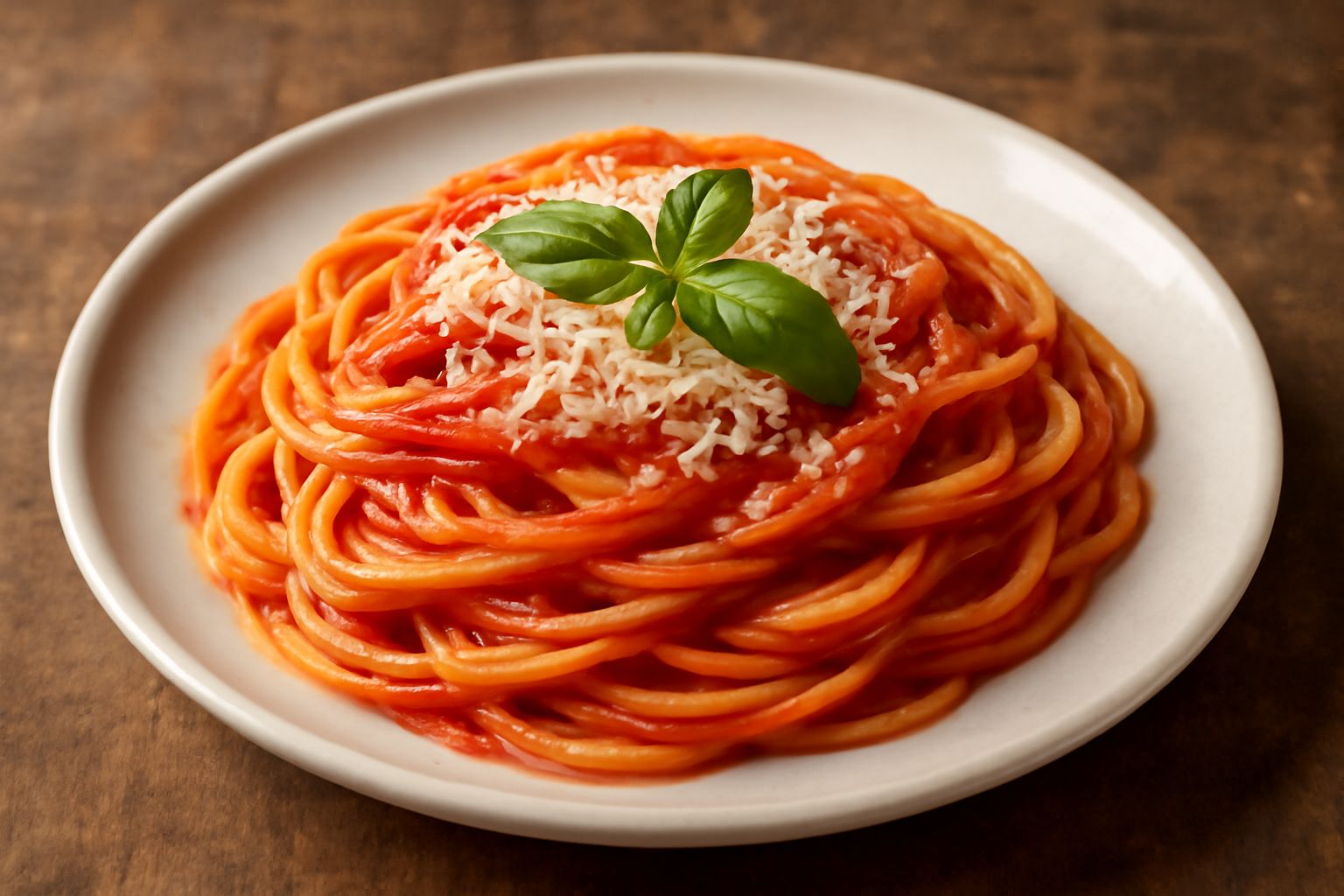 Piatto bianco con spaghetti intrecciati, ricoperti di sugo rosso brillante, gocce d'olio verde in superficie, foglia di basilico fresco verde scuro, parmigiano reggiano bianco grattugiato sparso sopra