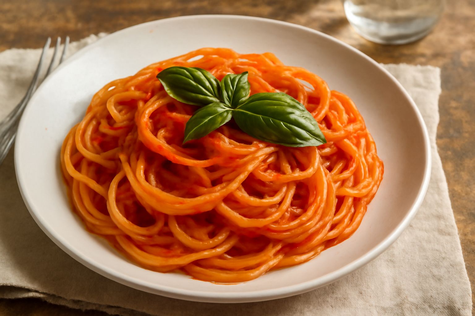 Piatto di spaghetti al pomodoro con salsa rossa cremosa, foglie fresche di basilico verde disposto in centro, filo di olio d'oliva, su piatto bianco, formaggio grattugiato a lato