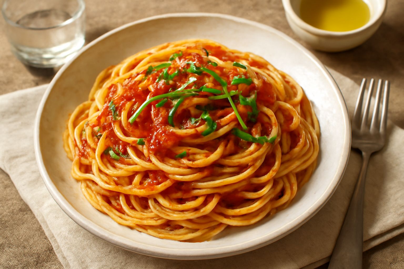 Piatto di spaghetti al pomodoro fresco, pasta biancastra condita con salsa rossa, foglie di basilico fresco verde, gocce di olio extravergine, pepe nero, servito in piatto bianco fondo