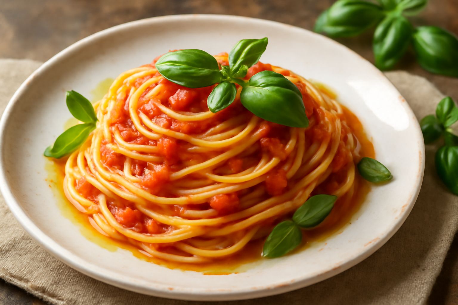 Piatto di spaghetti bianchi avvolti in salsa rosso-arancio, pomodorini tritati visibili, filo di olio verde oliva, basil fresco verde accanto, ciotola bianca di ceramica su tavolo di legno chiaro