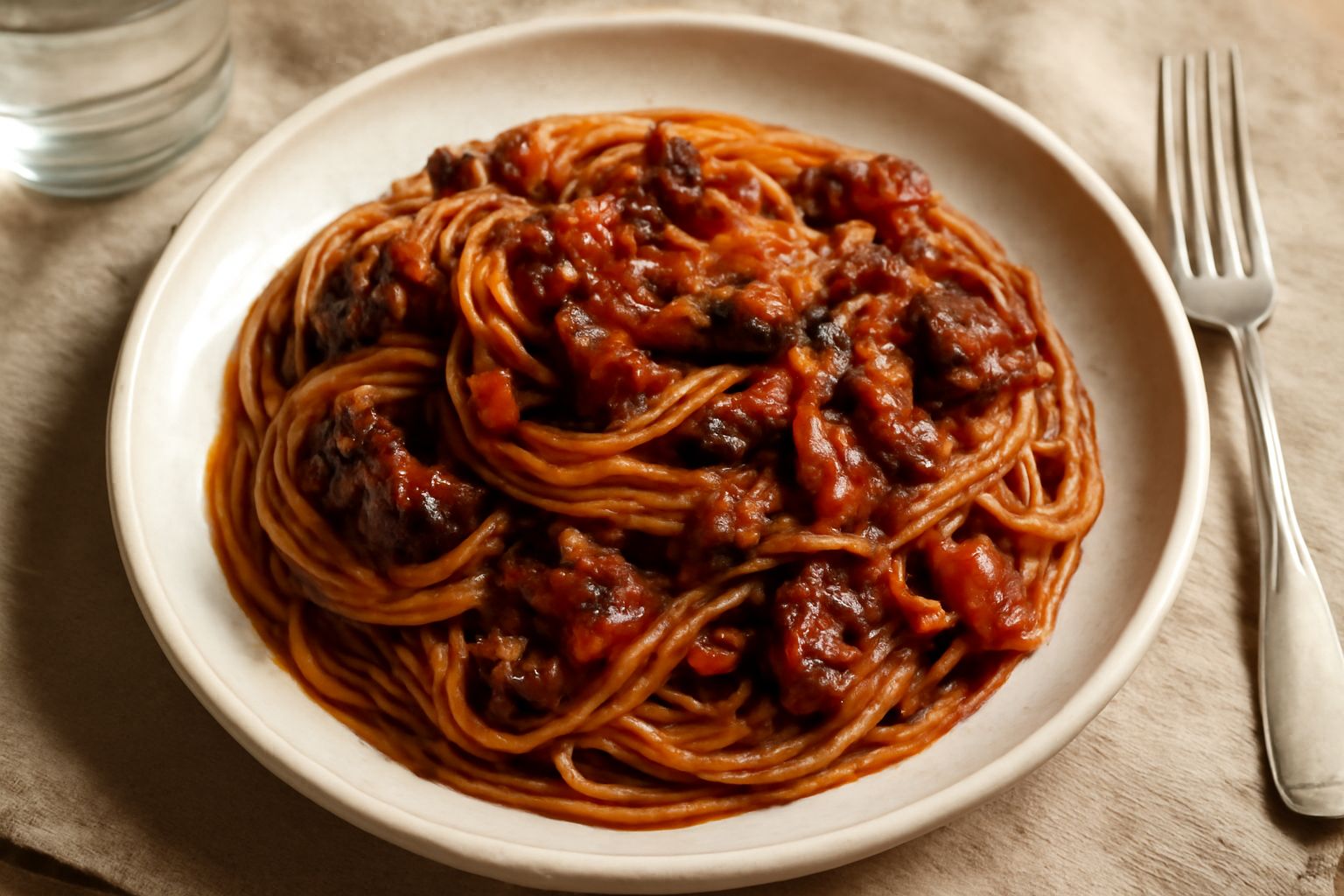 Piatto di spaghetti con ragù scuro di polpo, pezzi morbidi visibili, condimento brunastro e denso che avvolge la pasta, guarnito con prezzemolo fresco verde su piatto bianco