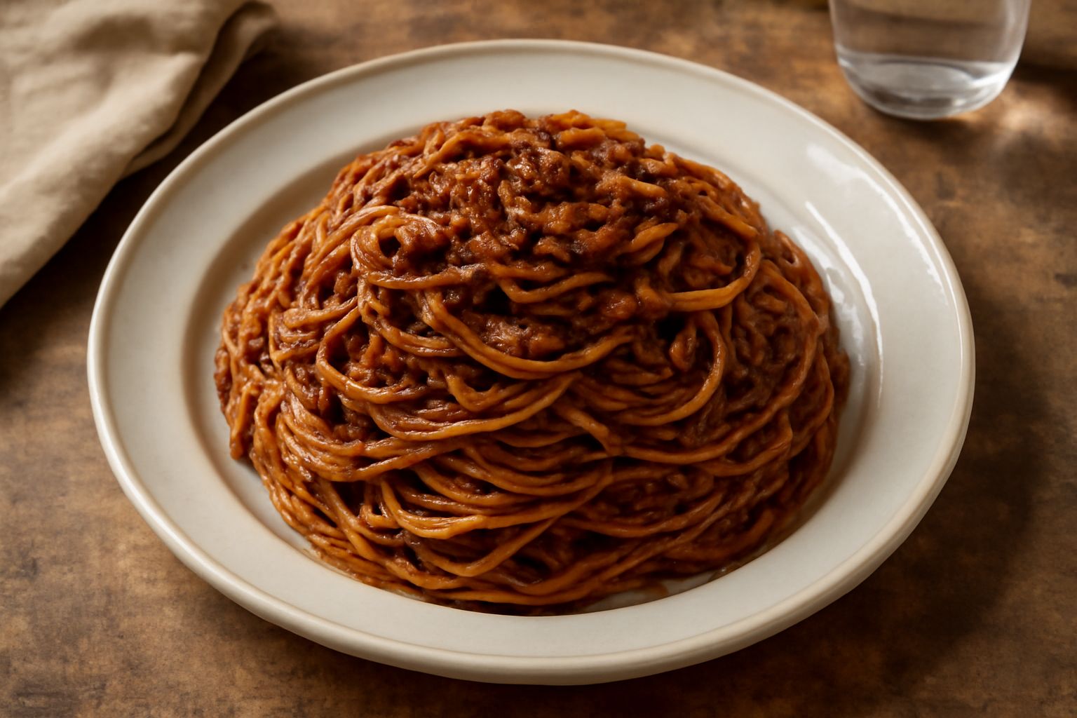 Un piatto bianco con spaghetti al ragù freddi ben conditi, ragù rosso scuro che avvolge gli spaghetti, guarniti con formaggio grattugiato in cima e prezzemolo fresco, su sfondo di tavolo di legno chia
