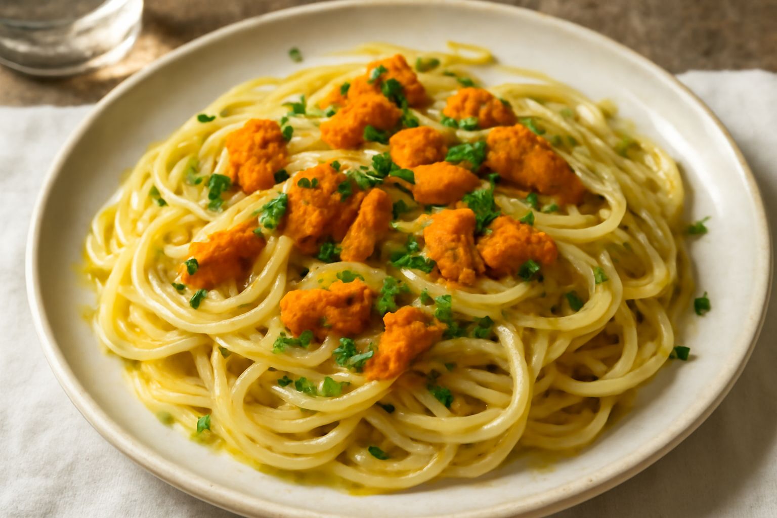 Piatto di spaghetti con riccio di mare: pasta bionda e cremosa con corallo arancione del riccio distribuito in superficie, gocce di olio extravergine lucido, prezzemolo fresco verde, limone giallo sul