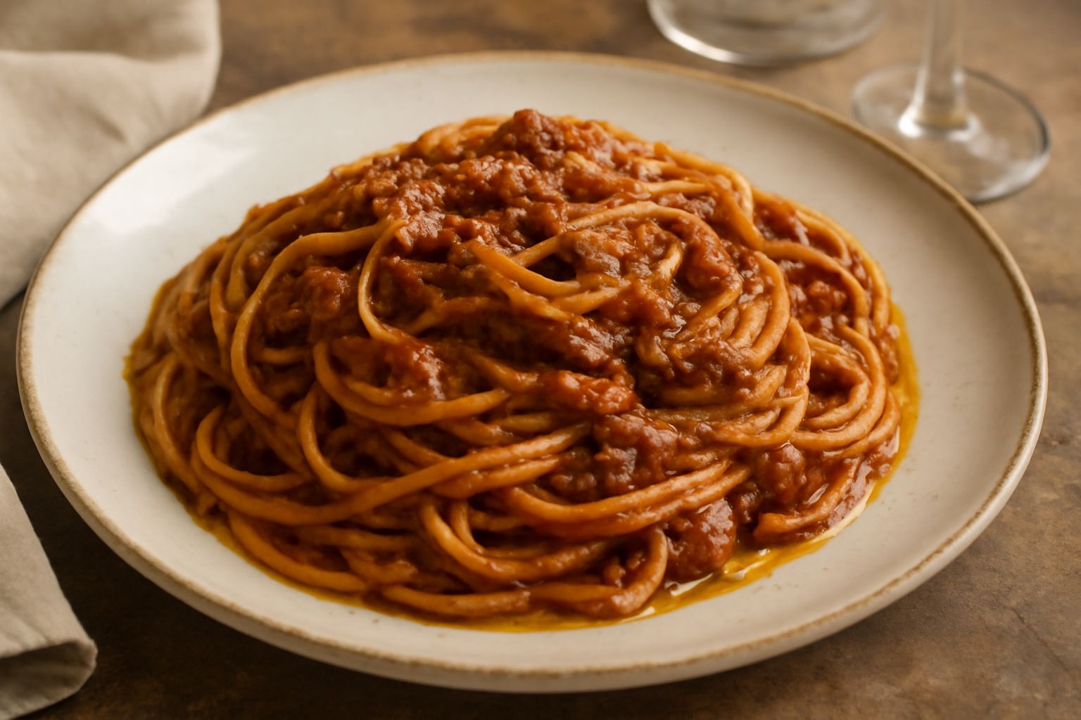 Piatto di spaghetti al sugo d'agnello visto dall'alto: pasta bianca ricoperta di ragù marrone scuro e denso, con piccoli pezzi di carne visibili, parmigiano grattugiato bianco sulla superficie, servit