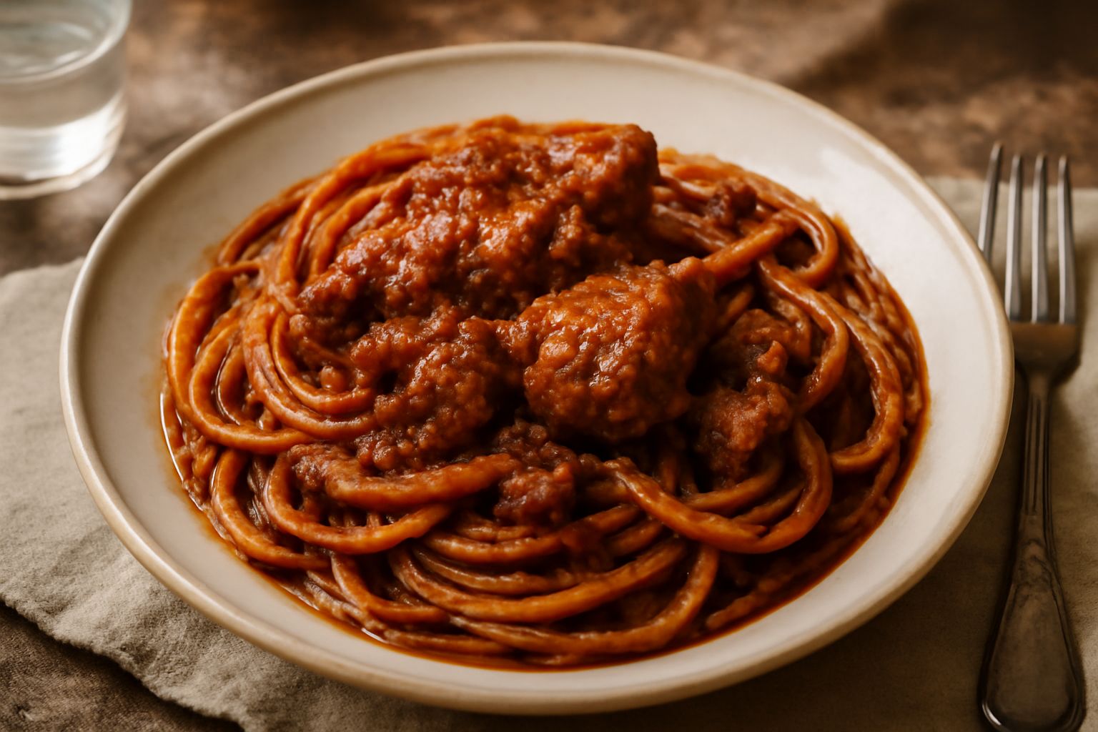 Piatto di spaghetti al sugo di coniglio con ragù scuro, pezzi di carne visibili nel sugo rosso-marrone, spaghetti avvolti intorno alla forchetta, grana grattugiato e prezzemolo fresco su piatto bianco