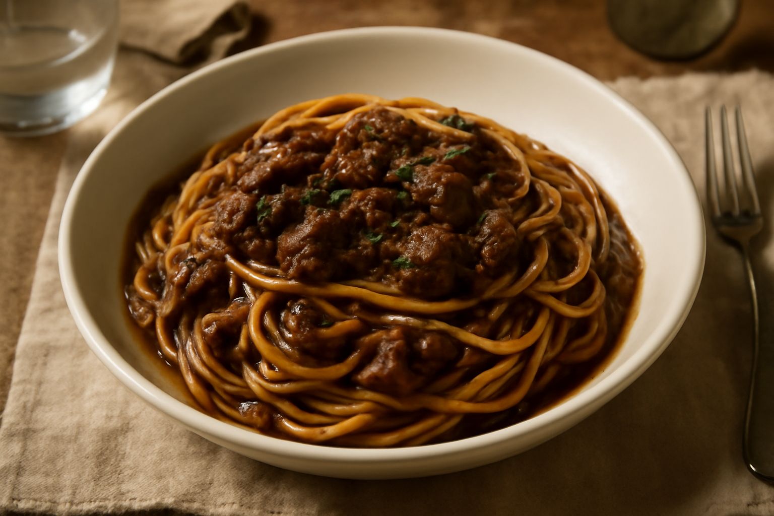 Piatto di spaghetti al sugo di lepre: pasta marrone scuro avvolta in ragù denso e ricco, con pezzetti di carne morbida, servito in piatto bianco fondo con un giro di olio d'oliva crudo. Contorno di pa
