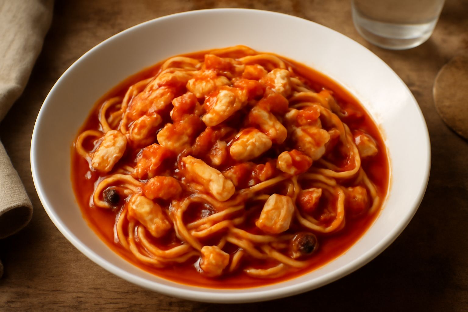 Piatto di spaghetti al sugo di pesce con filetti di pesce bianco, pomodoro rosso vivo, prezzemolo fresco verde e olio di oliva lucido, impiattati in un piatto bianco fondo
