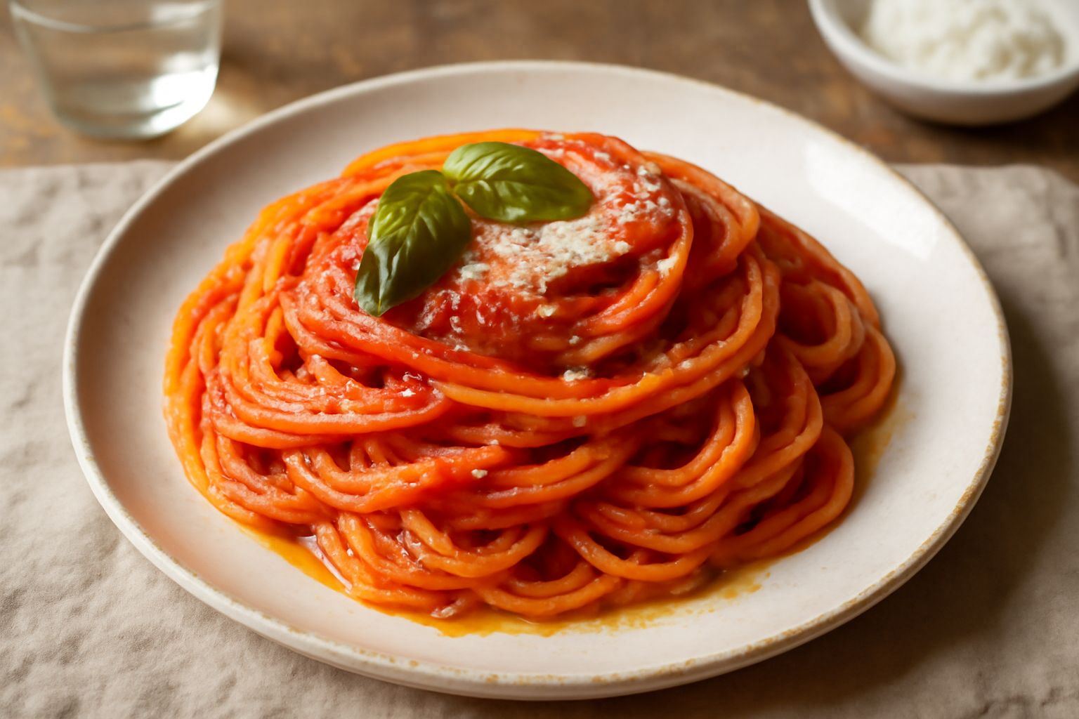 Piatto di spaghetti al sugo di pomodoro conditi con sugo rosso brillante, foglia di basilico fresco verde, filo di olio extravergine d'oliva, parmigiano grattugiato bianco, serviti in piatto bianco fo