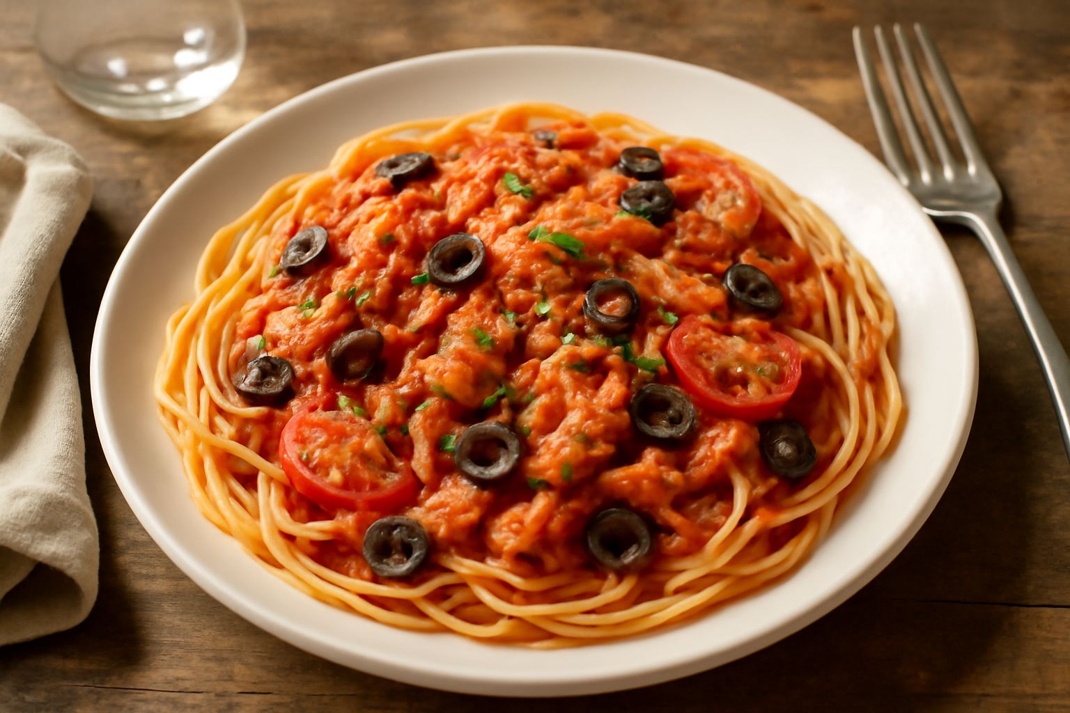 Piatto bianco con spaghetti al sugo di tonno, pomodoro rosso vivo, olive nere, prezzemolo fresco verde, filetti di tonno ben visibili nel sugo denso