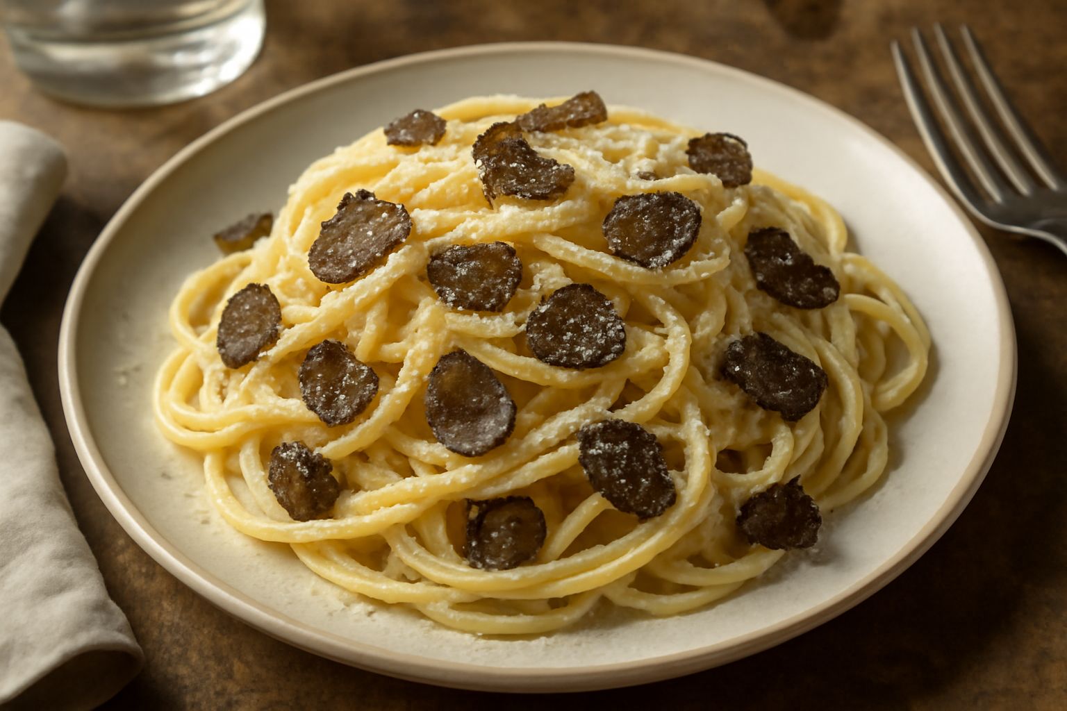Piatto bianco con spaghetti color crema leggermente mantecati, lamelle sottili di tartufo nero lucido distribuite sulla pasta, grana di parmigiano gialla, fondo neutro in luce naturale